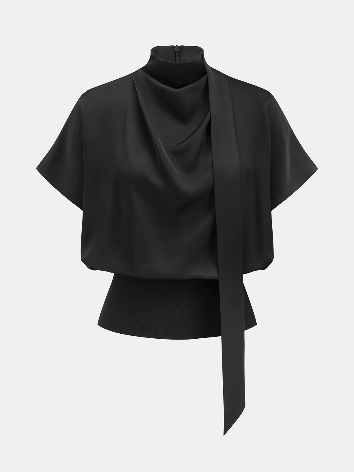 Draped Satin Mock Neck Blouse with Tie - Image 5