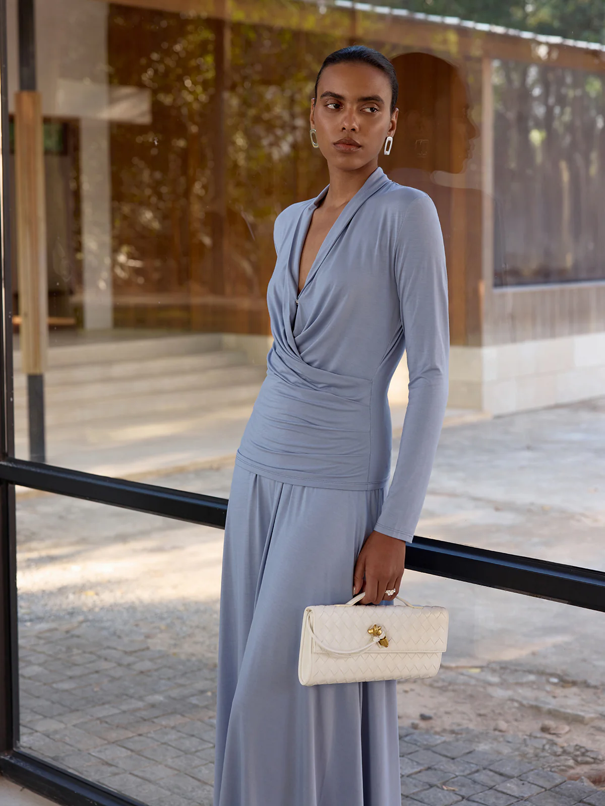 Draped Wrap Top & Midi Skirt Set - Image 3