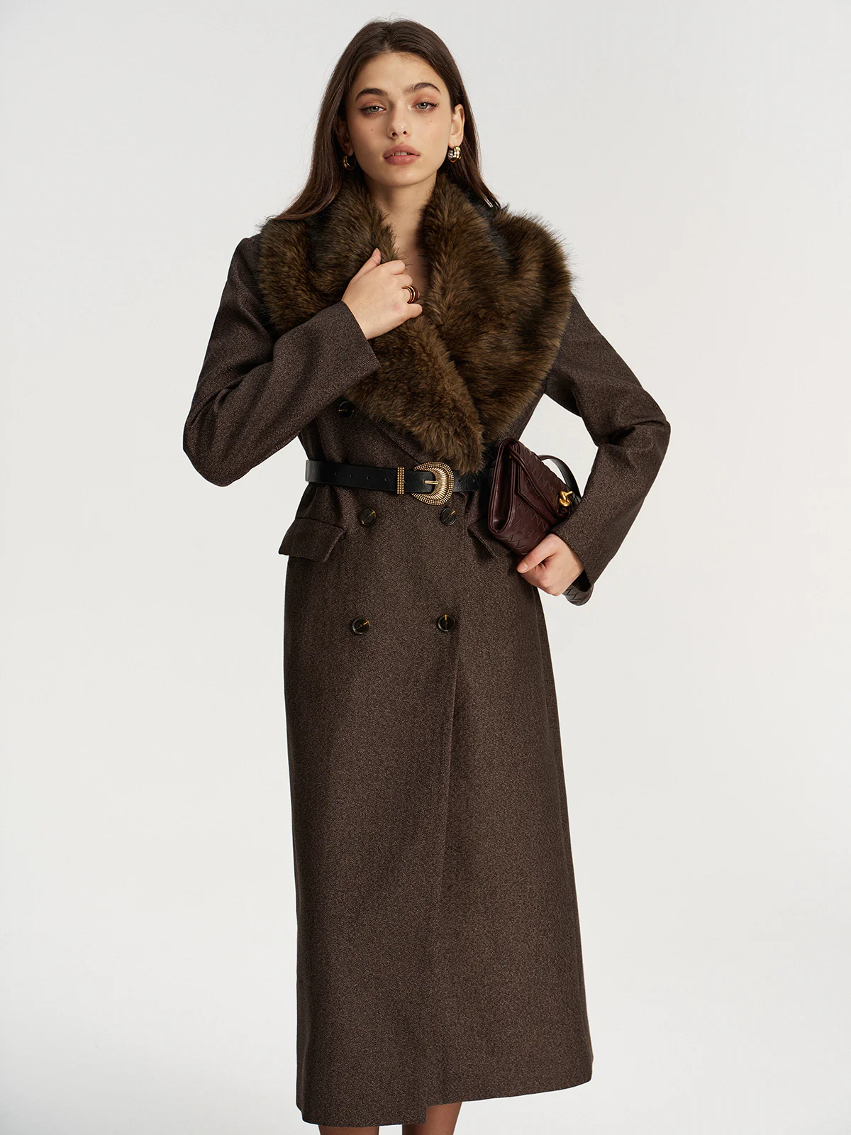 Faux Fur Collar Long Coat without Belt - Image 4