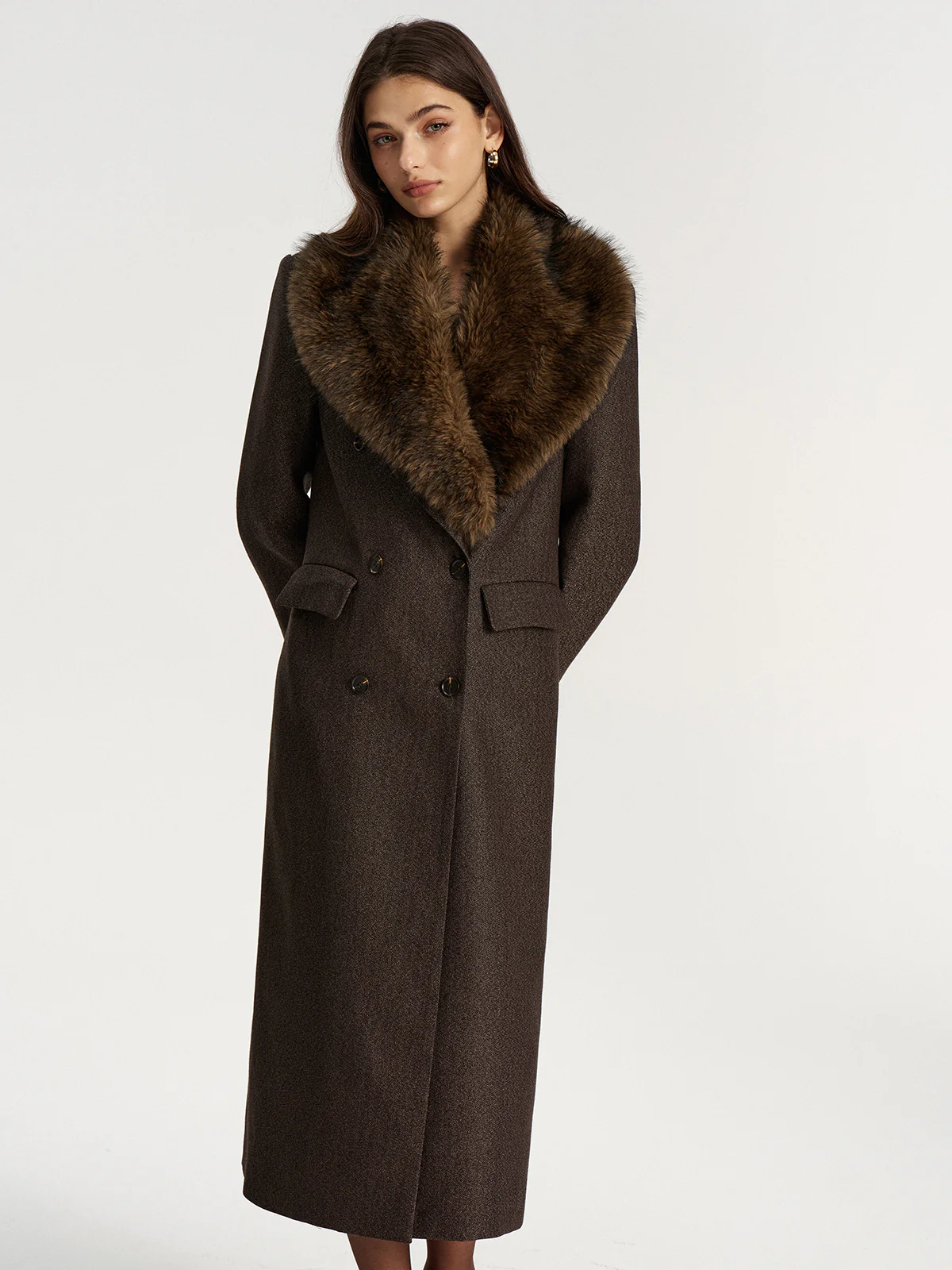 Faux Fur Collar Long Coat without Belt - Image 5