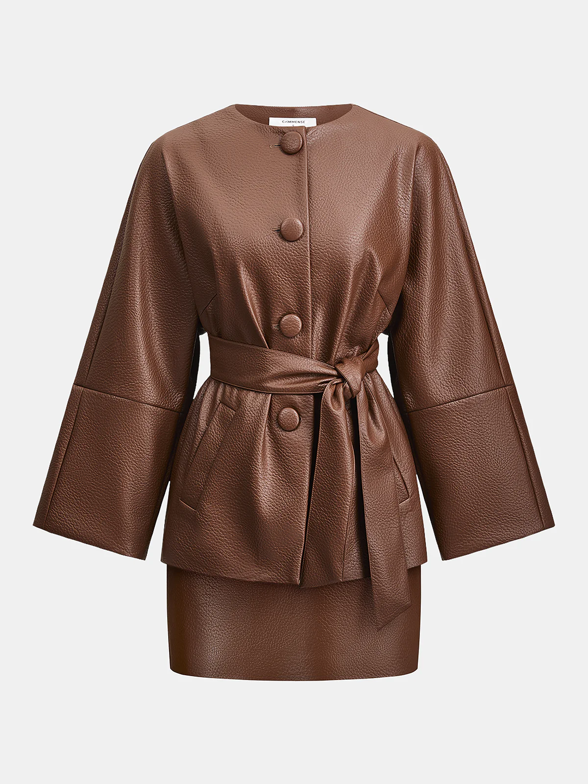Faux Leather Belted Jacket & Skirt Set