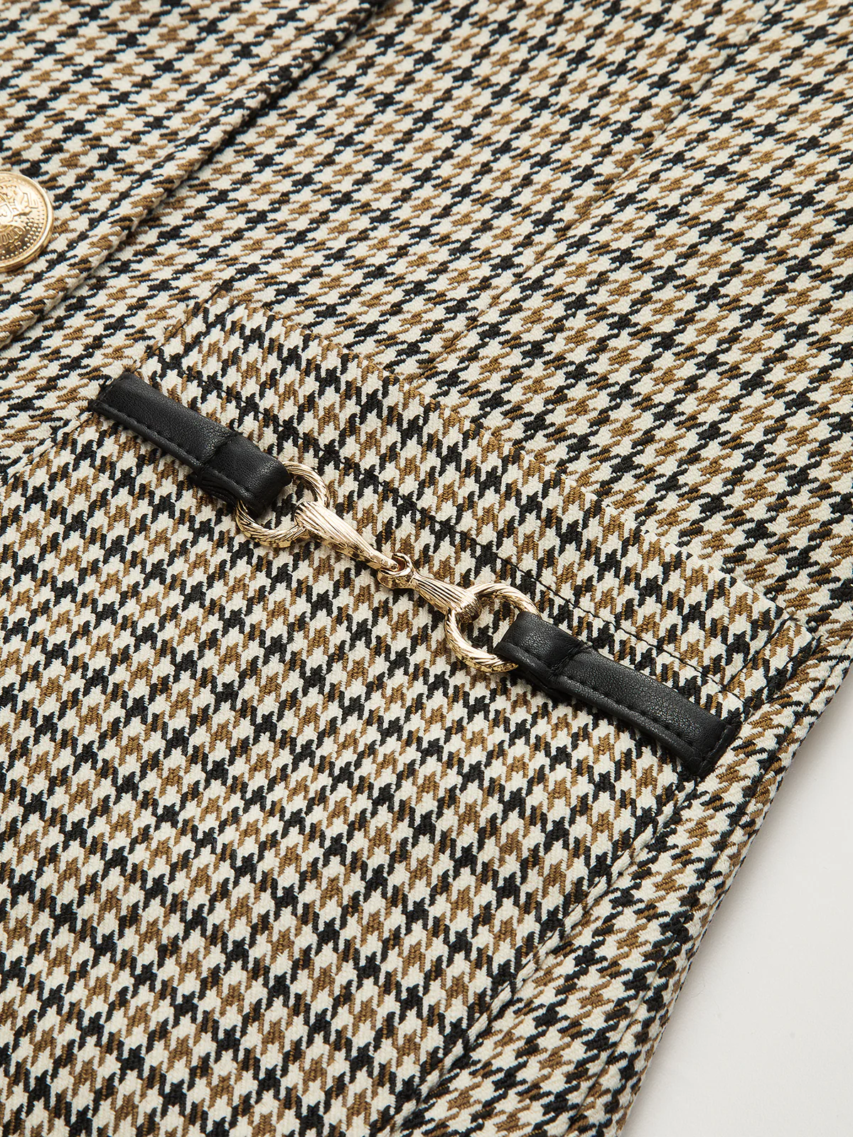 Faux Leather Collar Houndstooth Blazer - Image 4