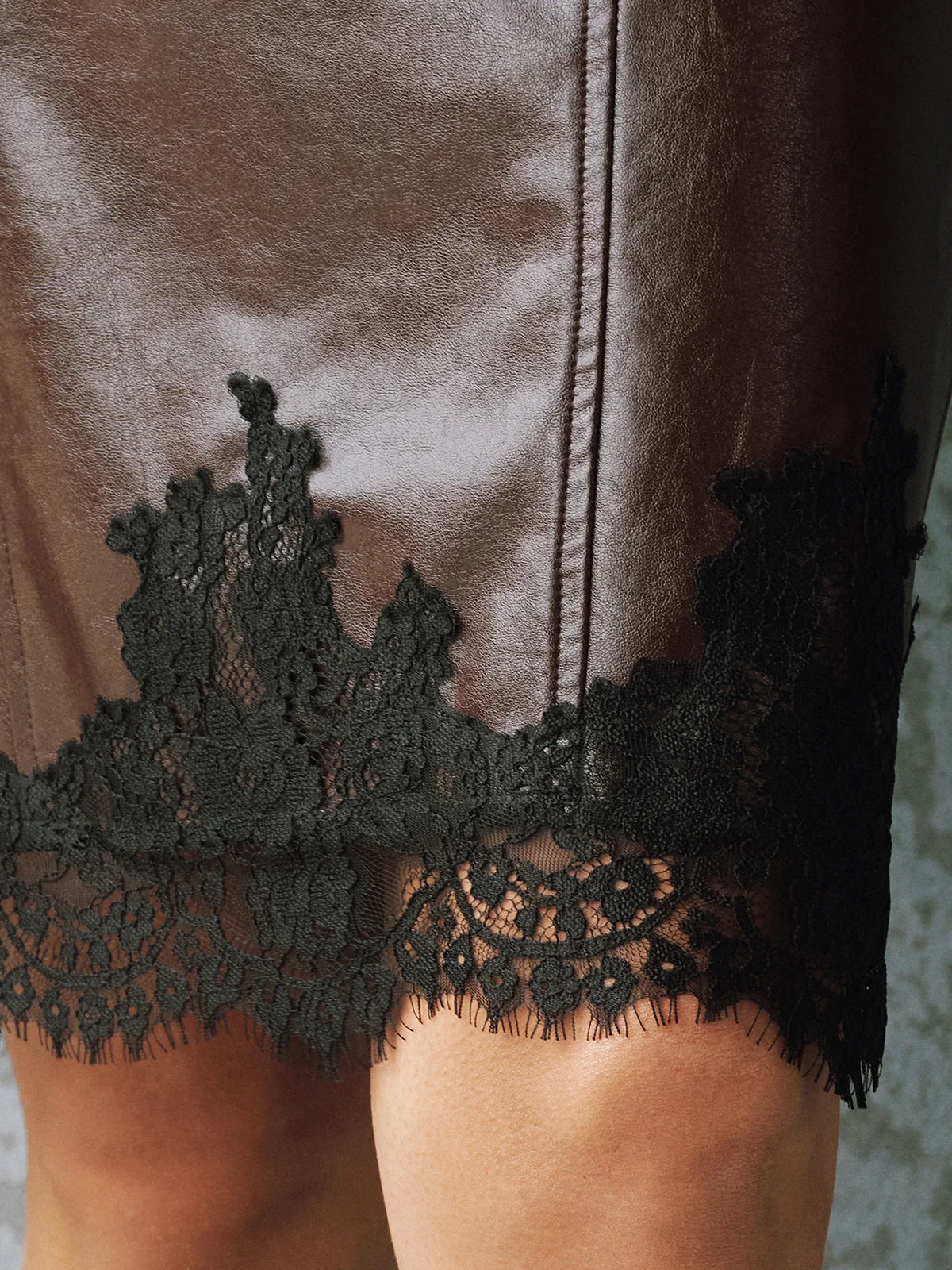 Faux Leather Lace Trim Midi Skirt - Image 4
