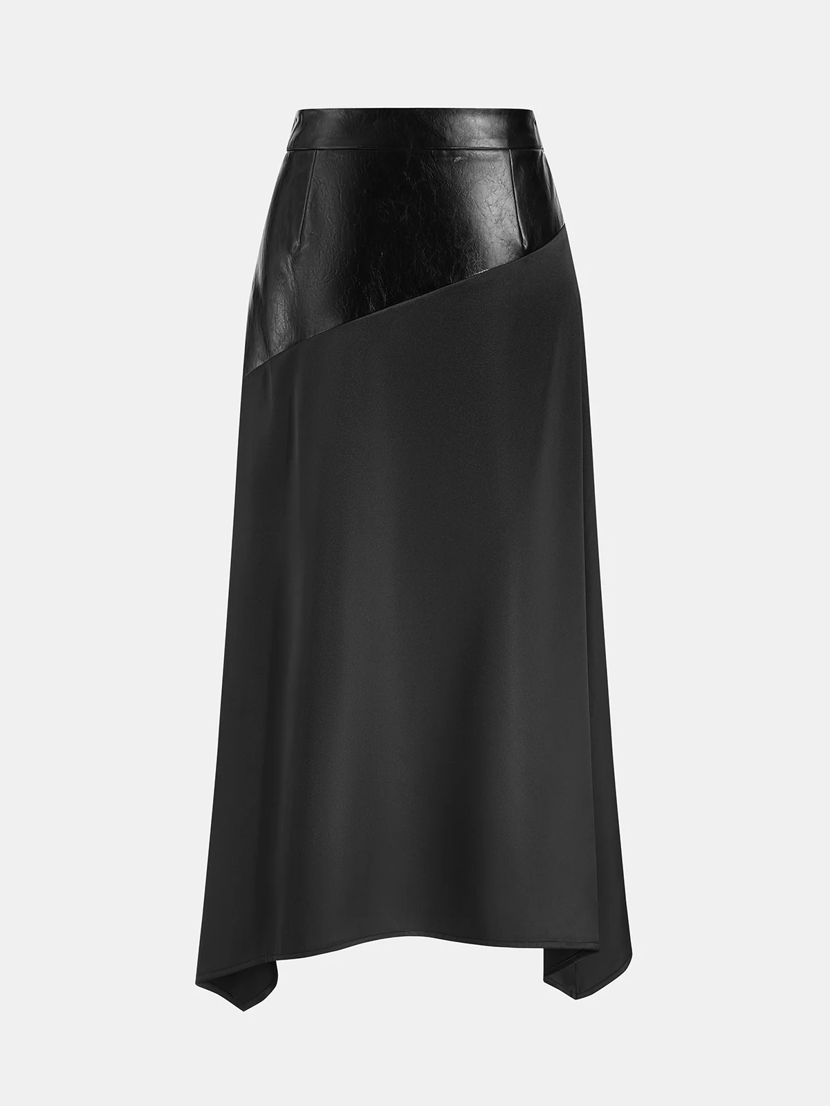 Faux Leather Panel Satin Asymmetric Midi Skirt - Image 2