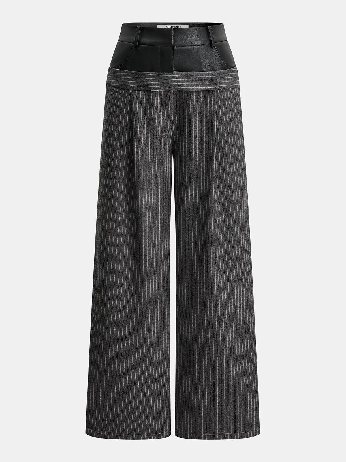 Faux-Leather Panel Striped Wide-Leg Pants