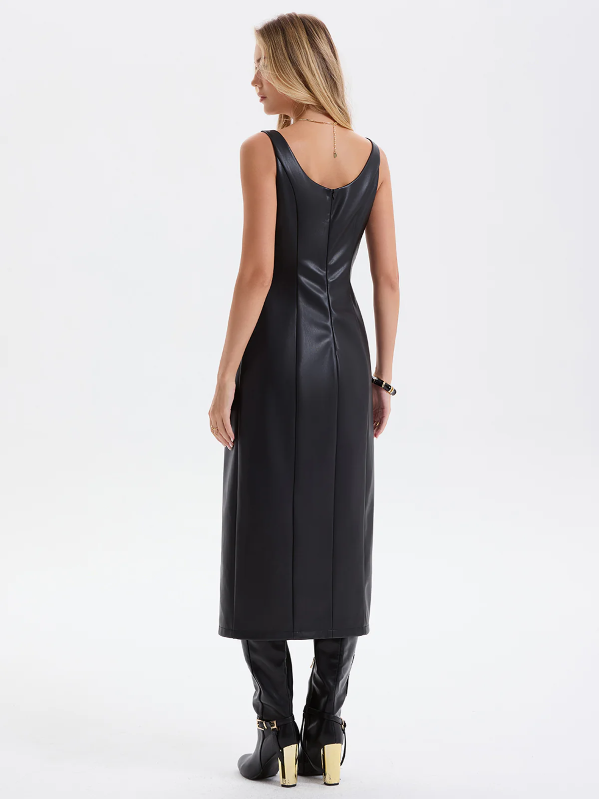 Faux Leather Sleeveless Asymmetrical Slit Midi Dress - Image 6