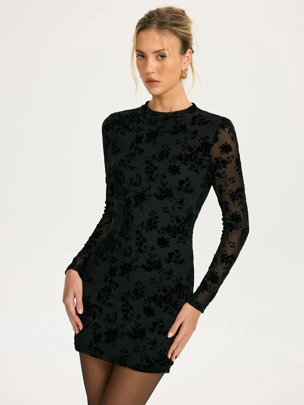 Flocked Floral Mesh Backless Mini Dress - Image 6