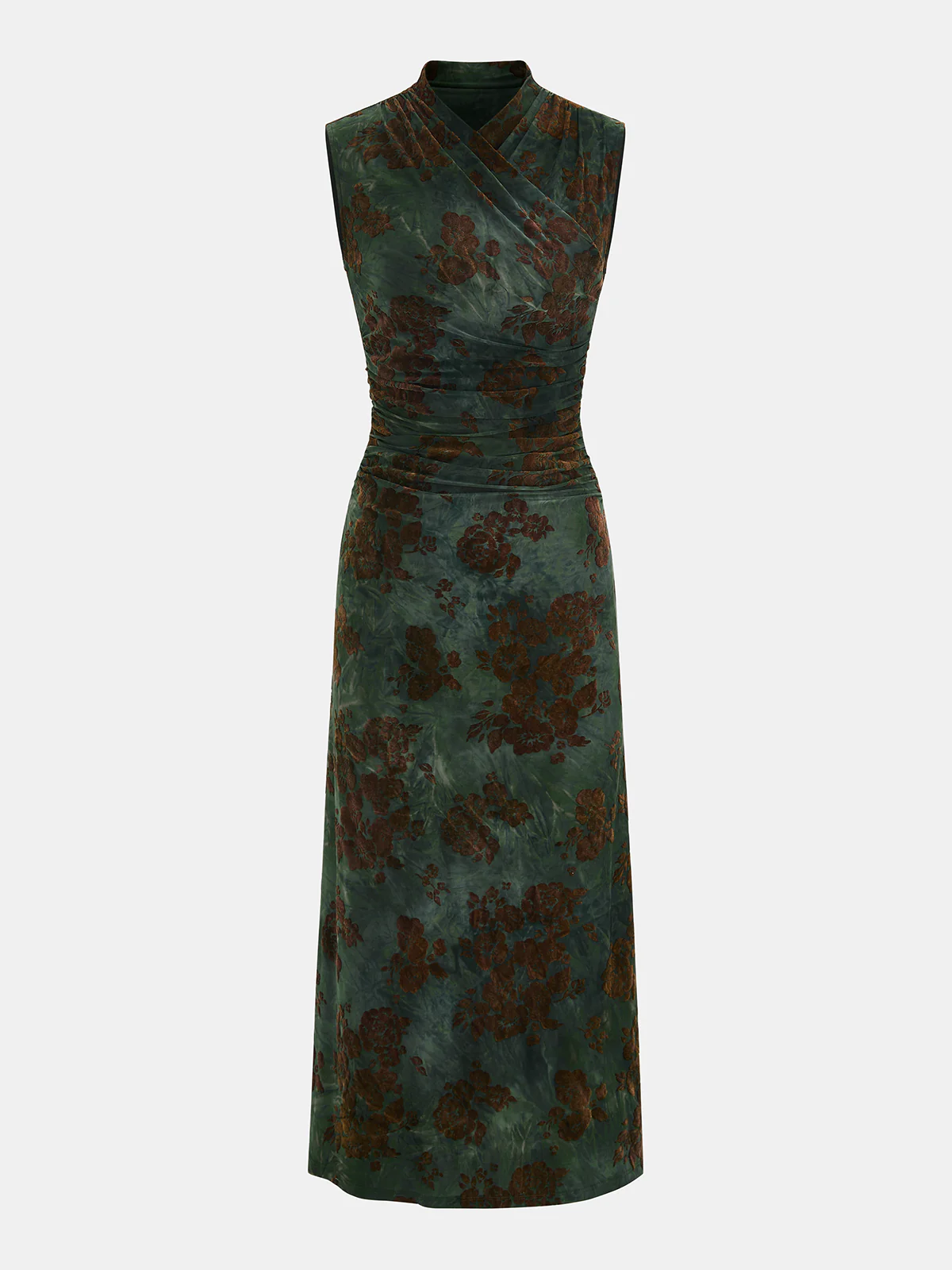 Flocked Floral Ruched Sleeveless Maxi Dress