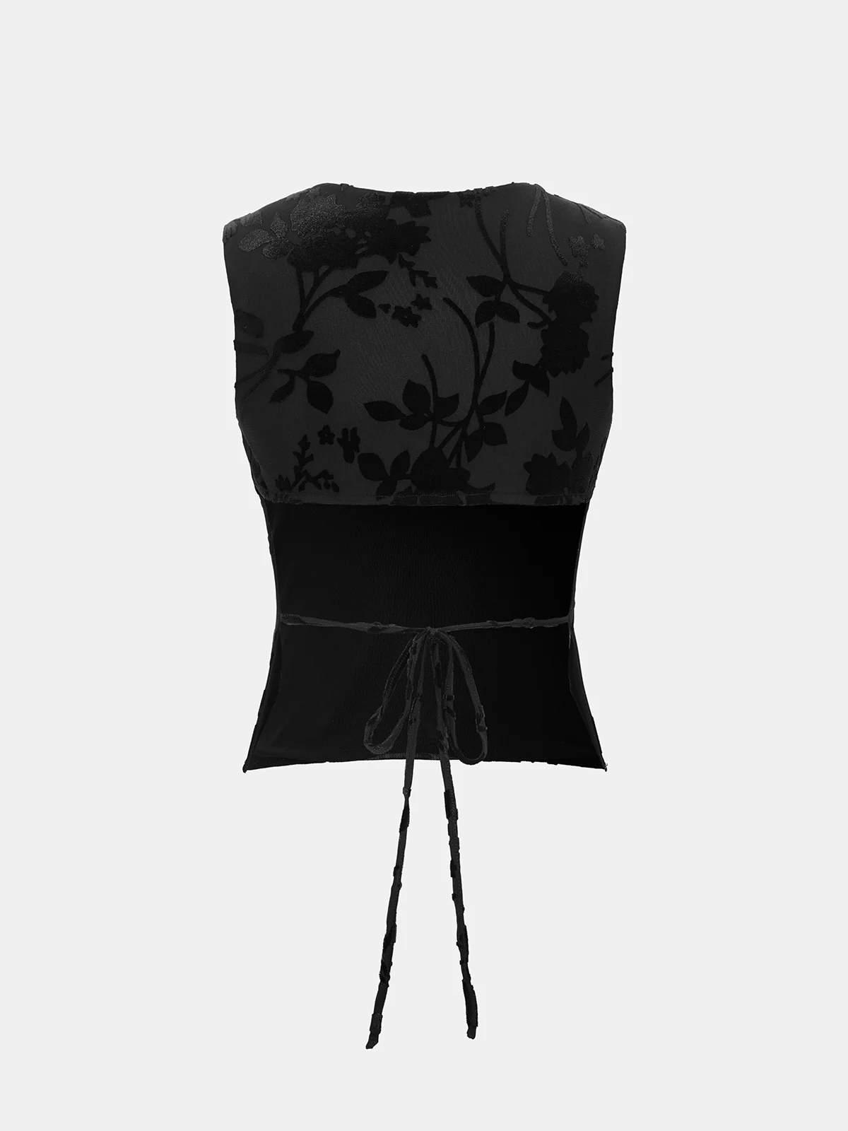 Flocked Floral Tie-Back Mesh Sleeveless Top - Image 2