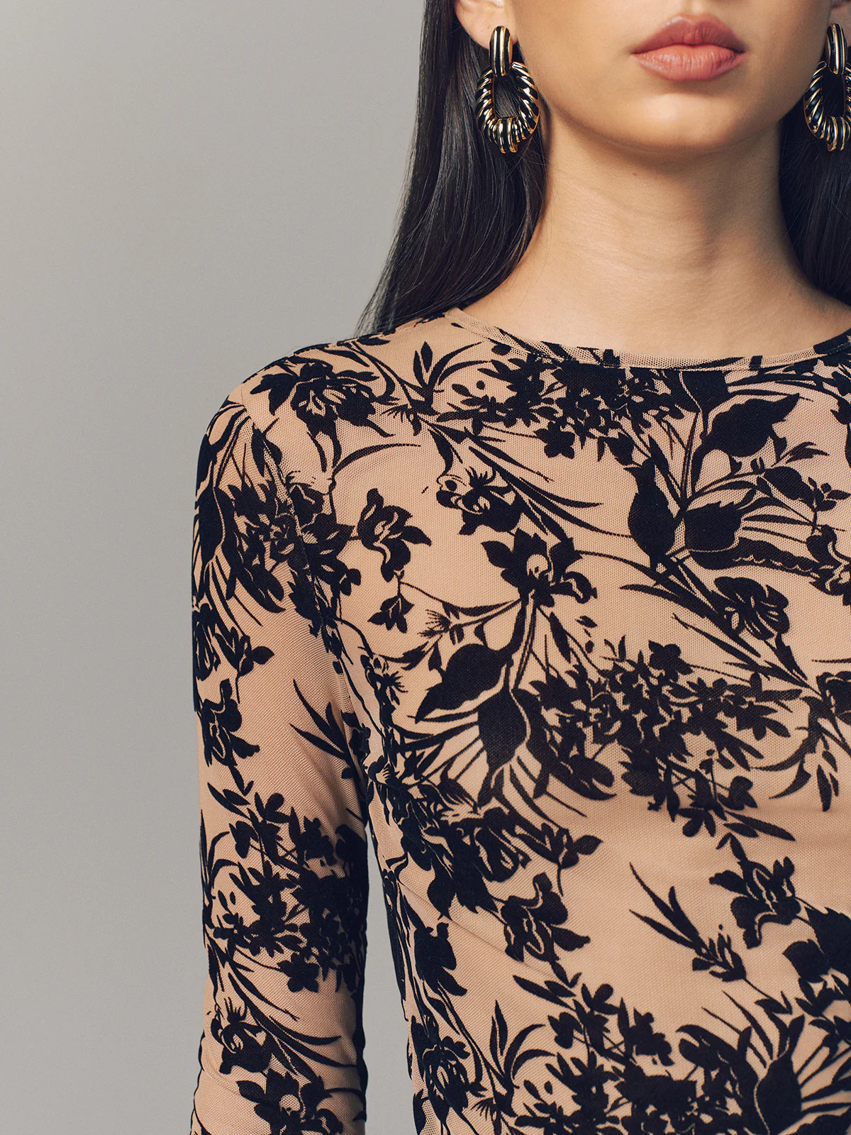 Flocked Sheer Mesh Long Sleeve Top - Image 6