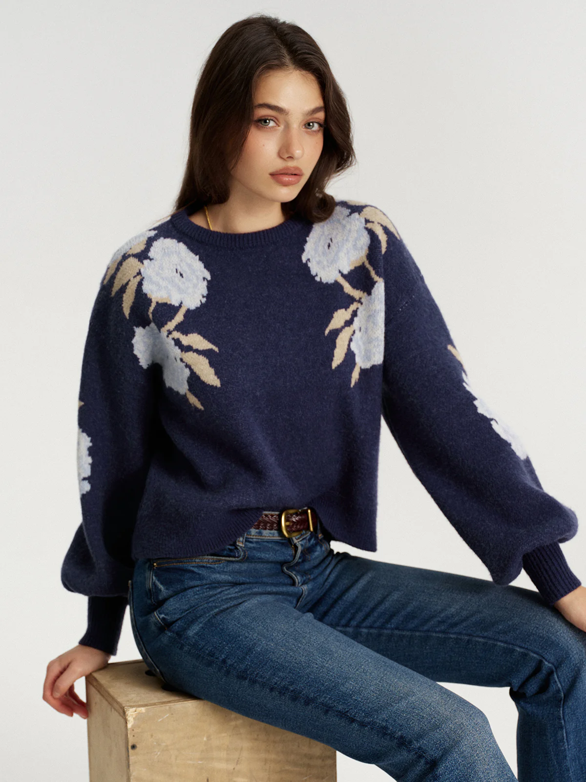 Floral Jacquard Balloon Sleeve Knit Top - Image 3