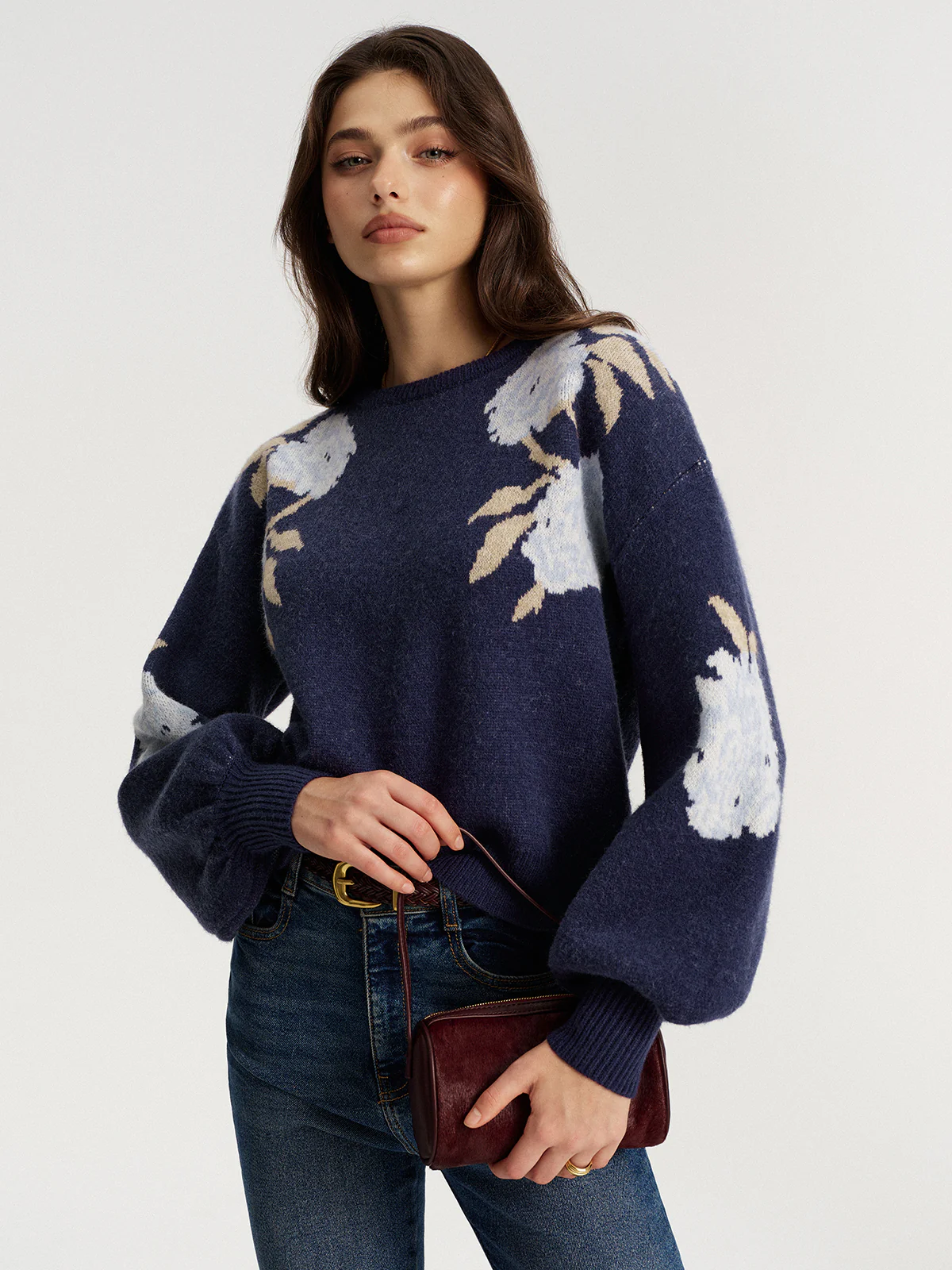 Floral Jacquard Balloon Sleeve Knit Top - Image 4
