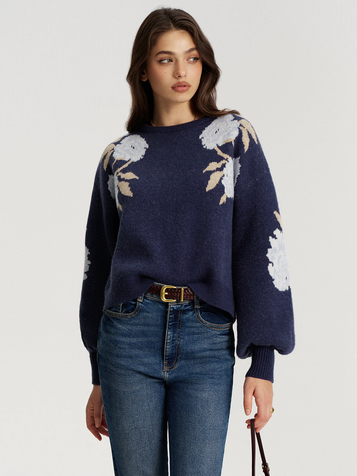 Floral Jacquard Balloon Sleeve Knit Top - Image 5