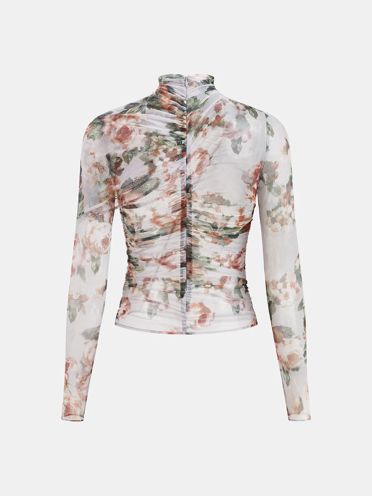 Floral Mesh Ruched High Neck Blouse - Image 2