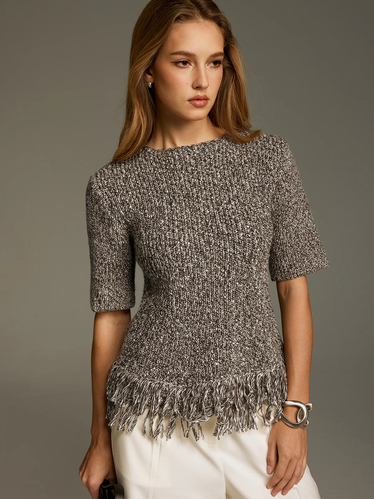 Fringe-Hem Short-Sleeve Knit Top