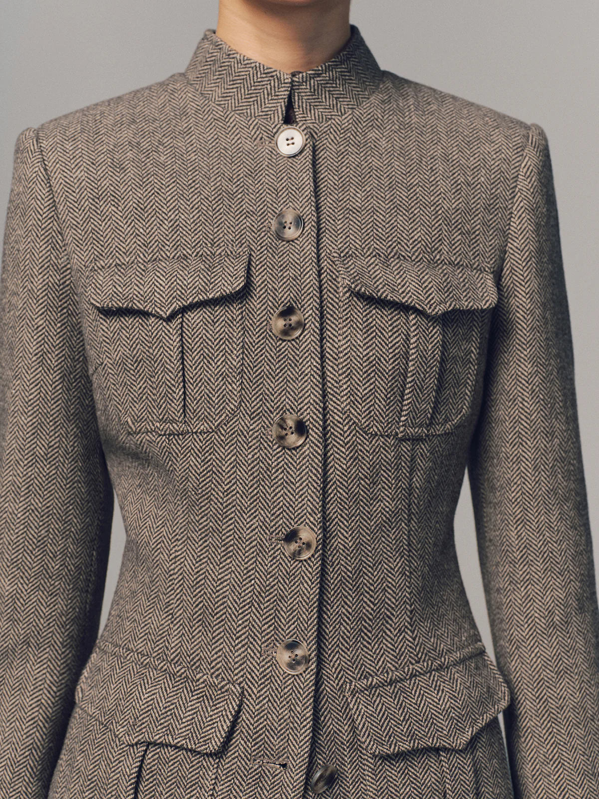 Herringbone Stand Collar Multi-Pocket Jacket - Image 2