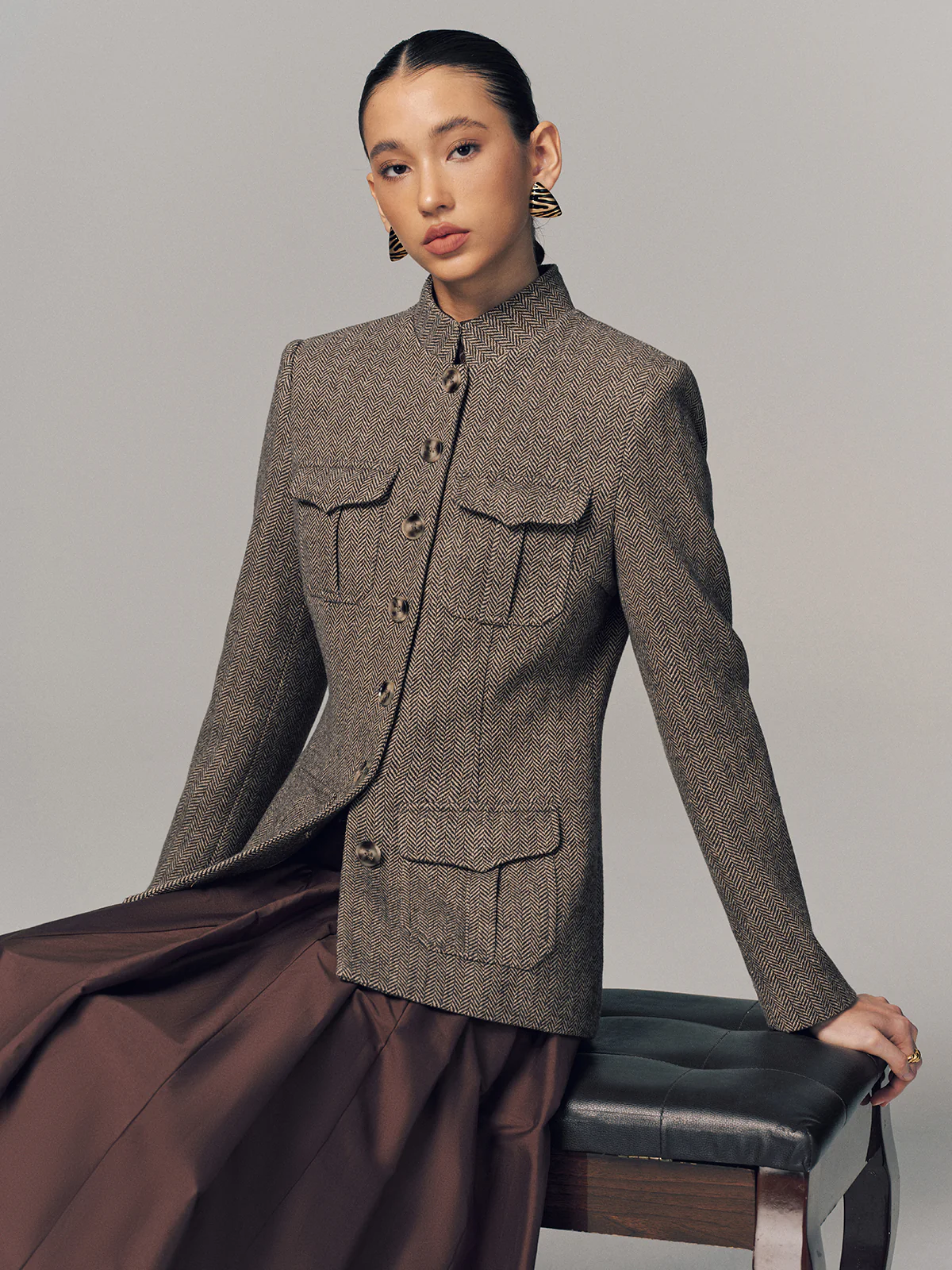 Herringbone Stand Collar Multi-Pocket Jacket - Image 3