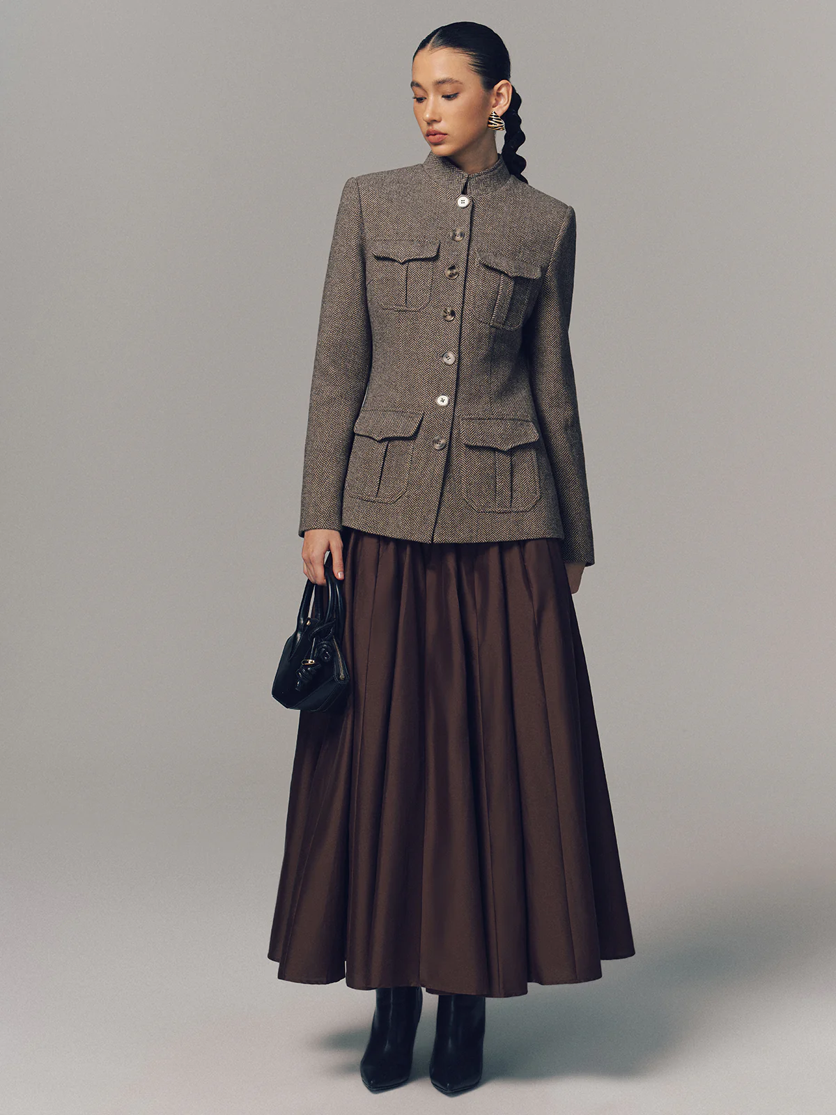 Herringbone Stand Collar Multi-Pocket Jacket - Image 4