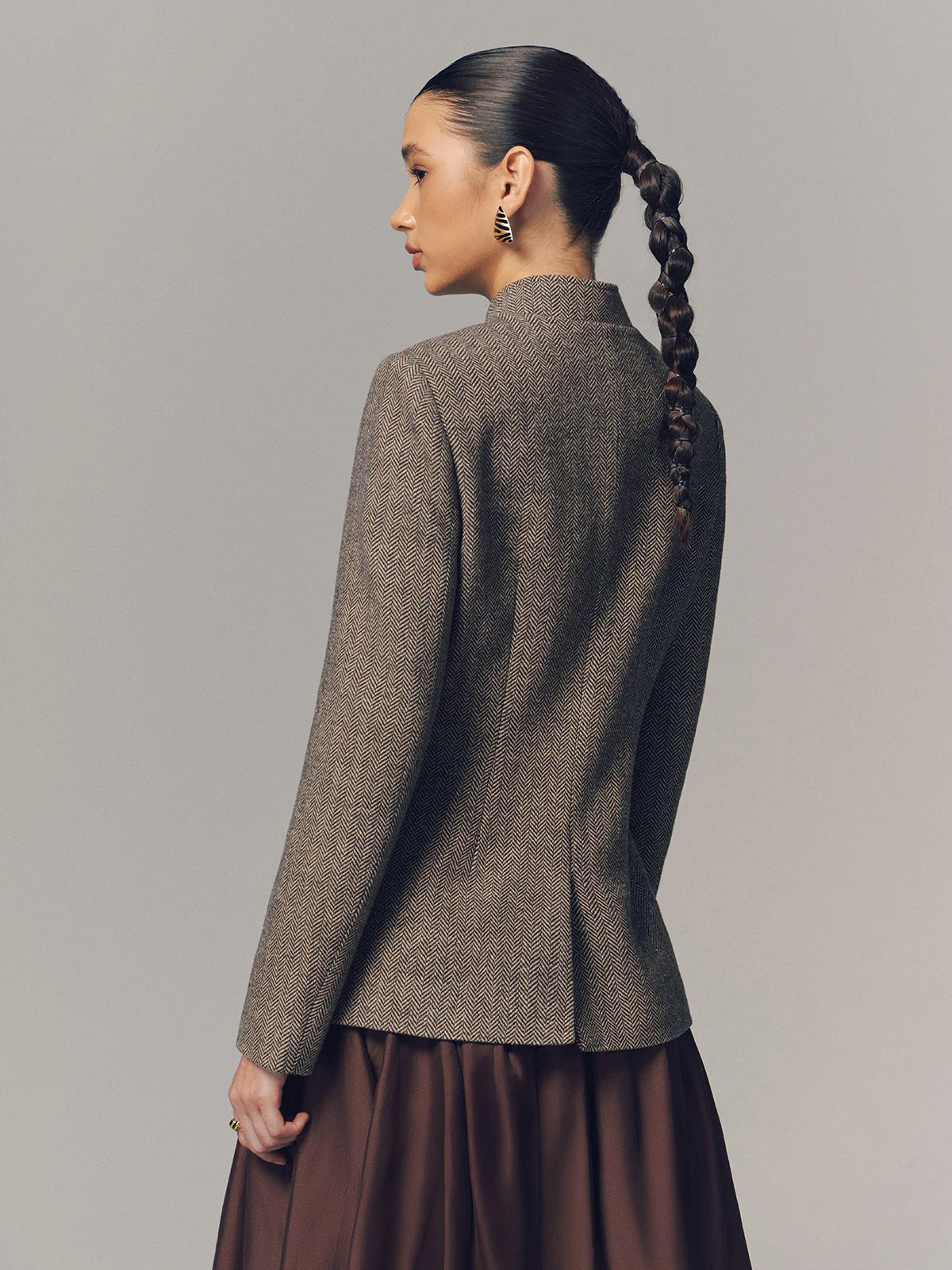 Herringbone Stand Collar Multi-Pocket Jacket - Image 6