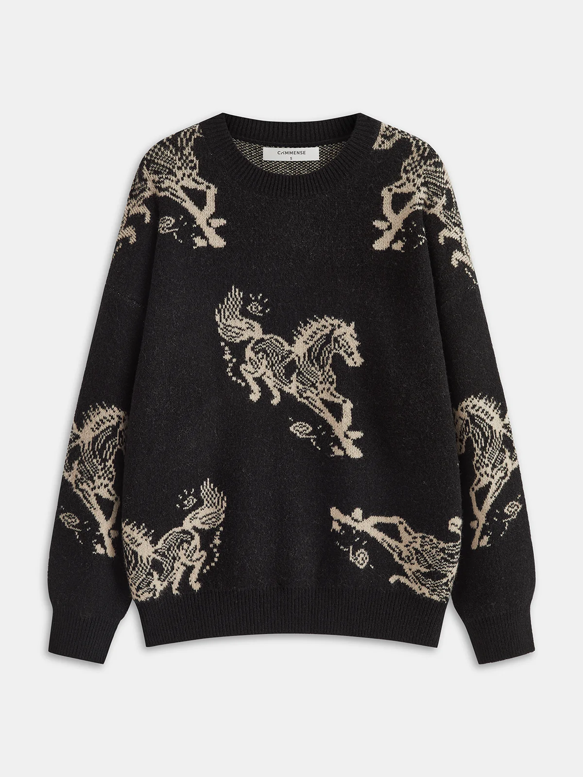 Horse-Patterned Loose Crew Neck Knit Sweater