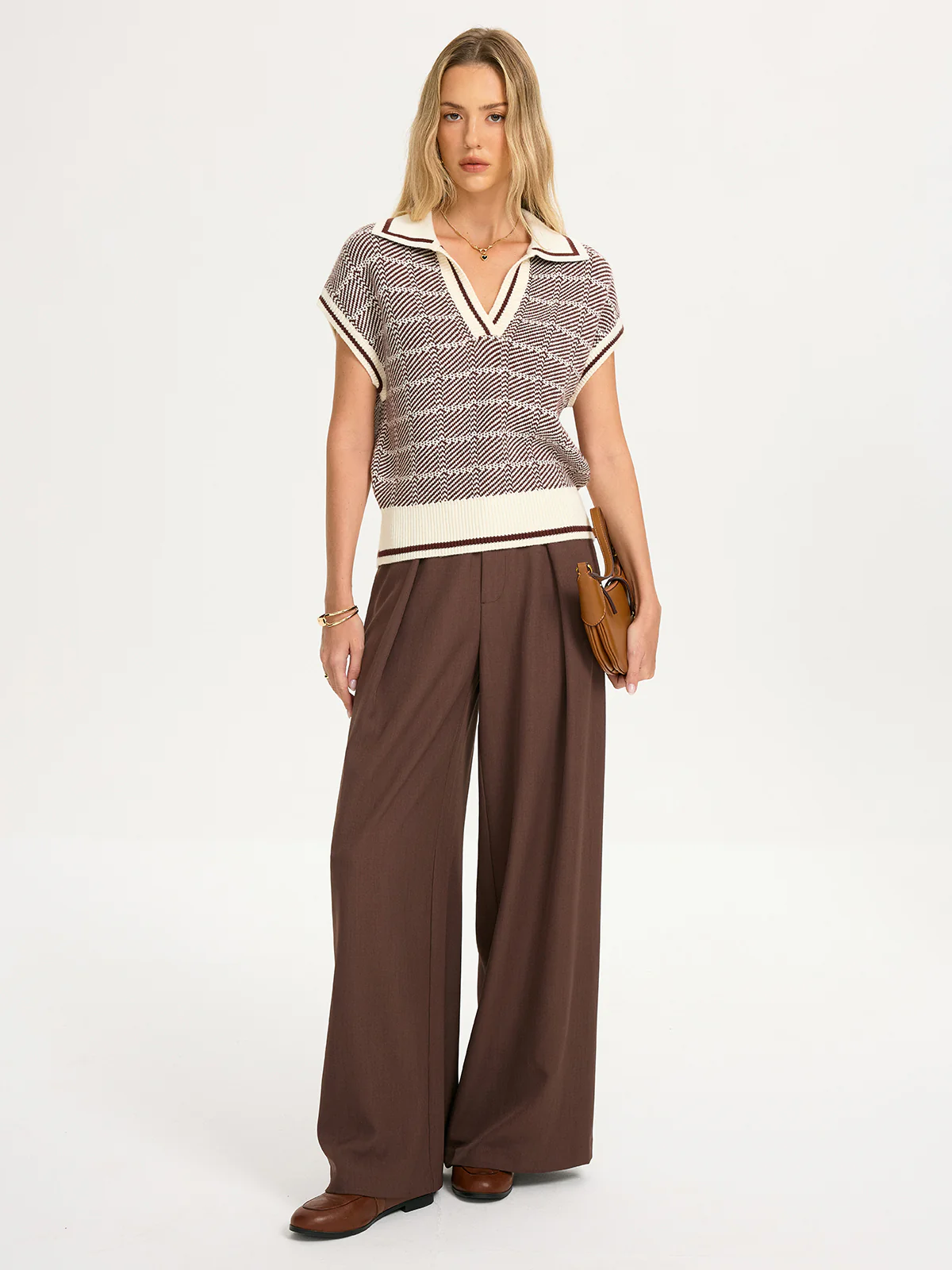 Houndstooth Knit Short-Sleeve Polo Top