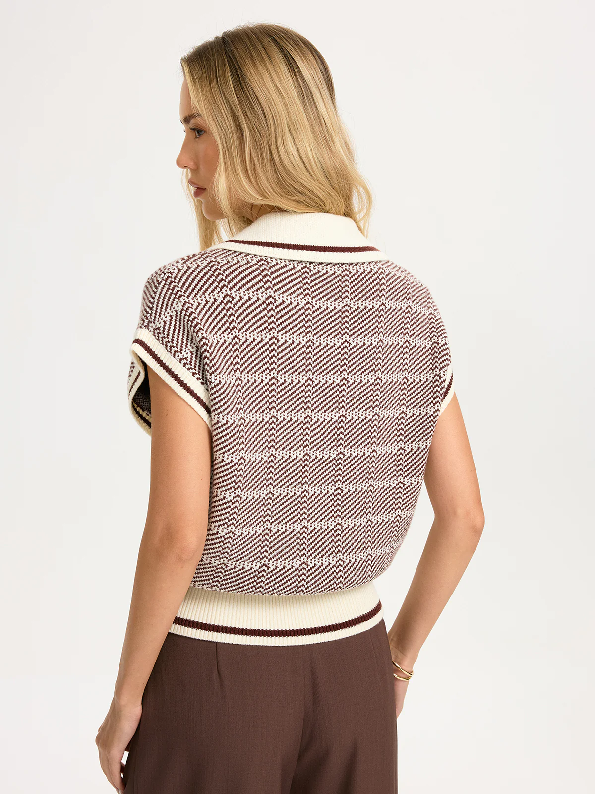 Houndstooth Knit Short-Sleeve Polo Top - Image 5