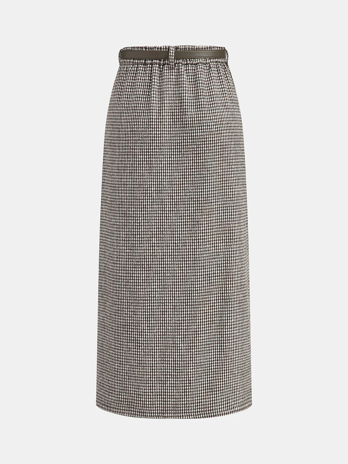 Houndstooth Tweed Belted Midi Skirt - Image 2