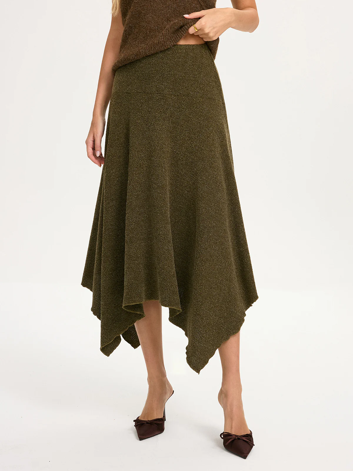 Knit Asymmetric Hem Midi Skirt - Image 5