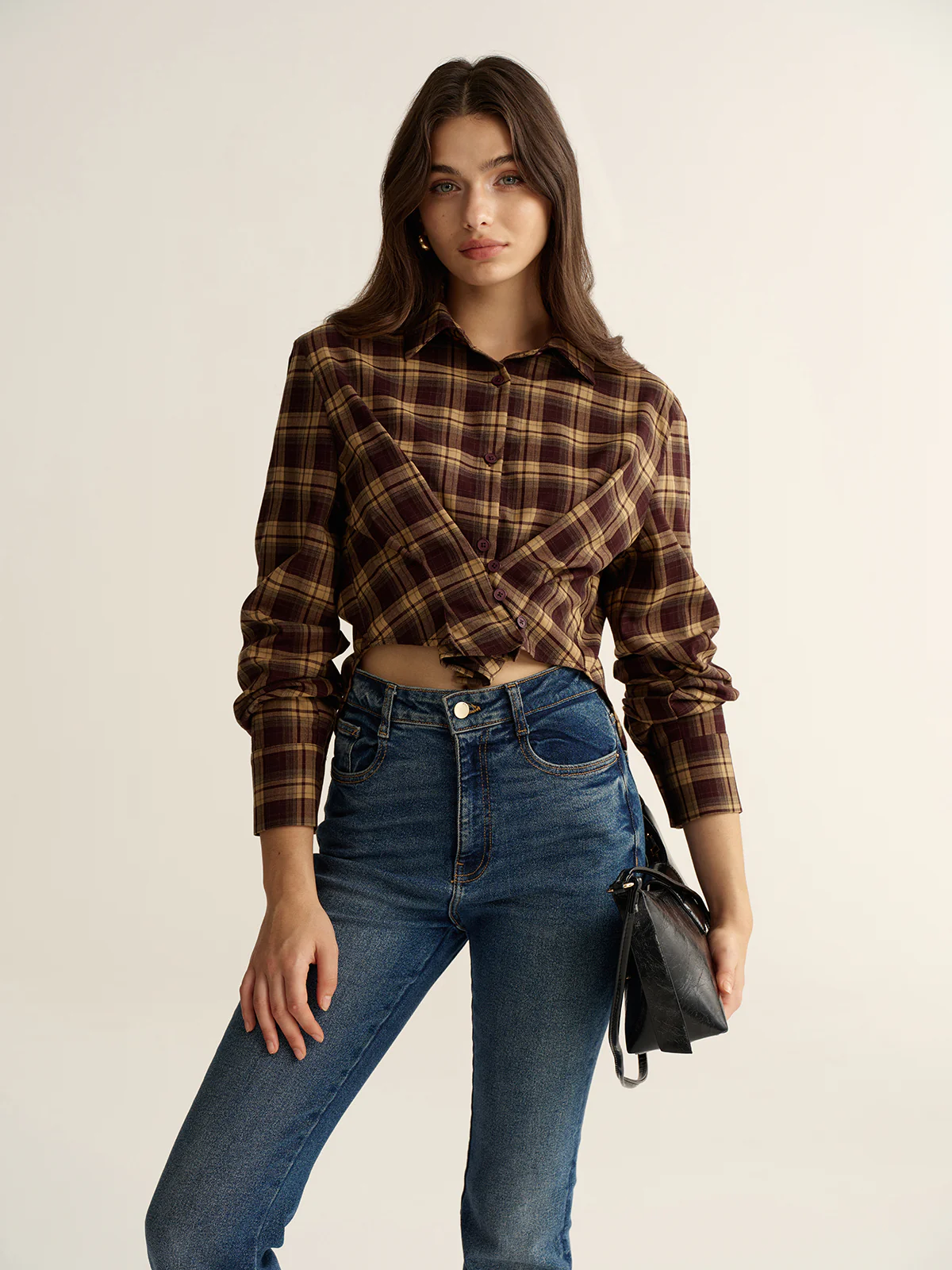 Knot Detail Button-Front Plaid Cropped Shirt - Image 4