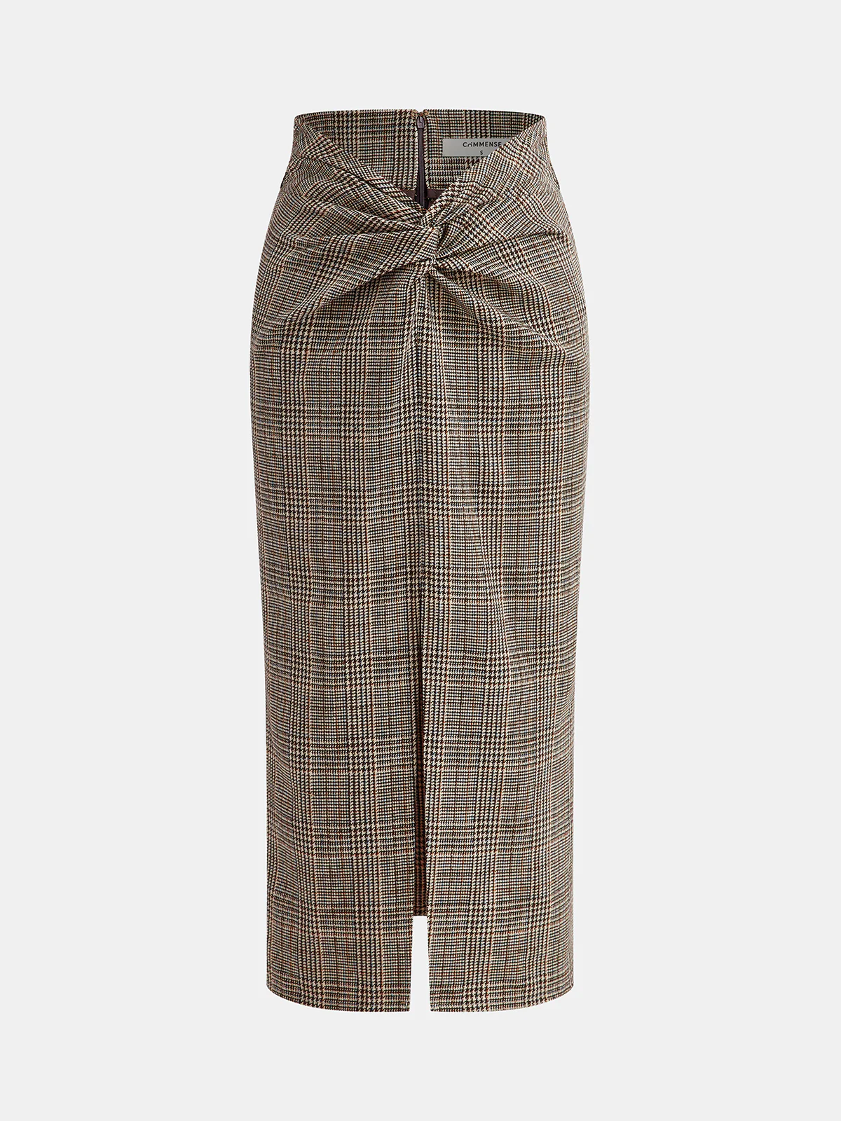 Knot-Front Slit Houndstooth Tweed Midi Skirt