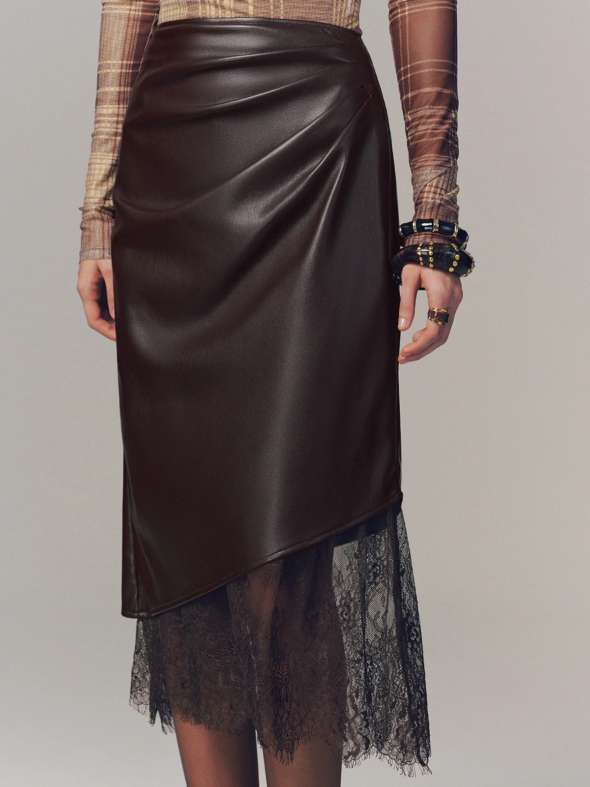 Lace Hem Faux Leather Ruched Midi Skirt
