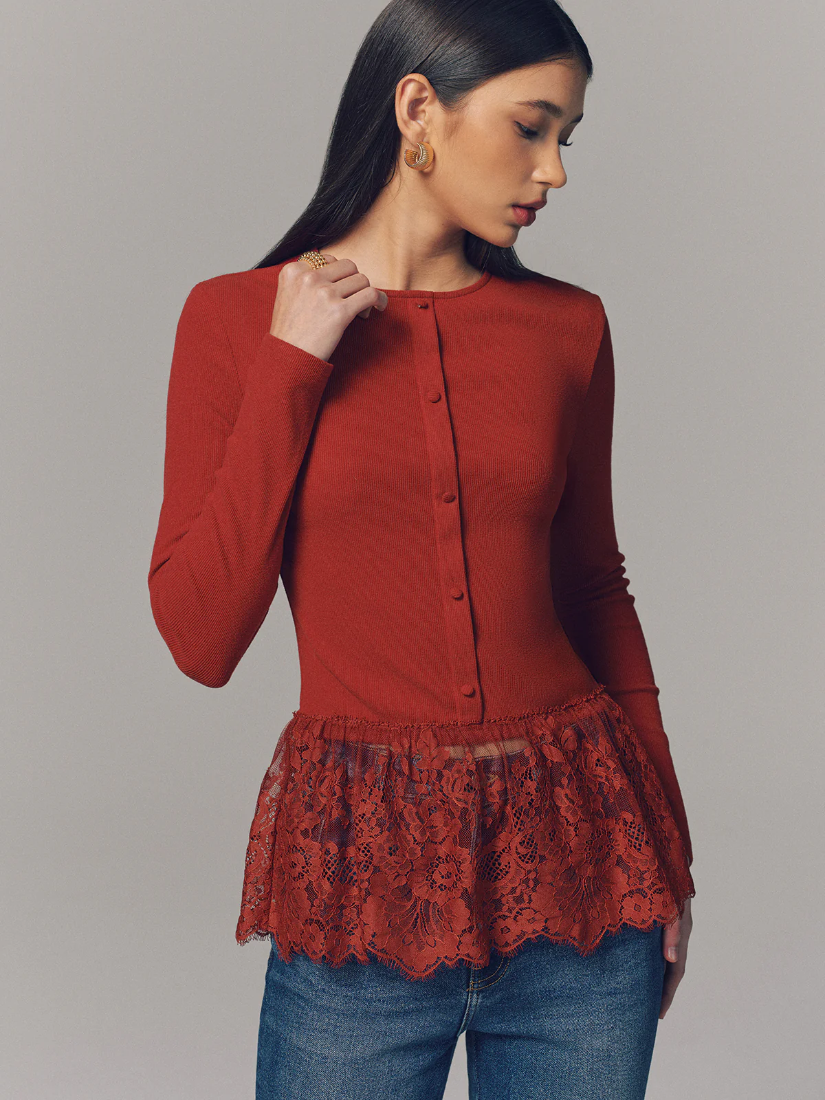 Lace Hem Ribbed Long Sleeve Top