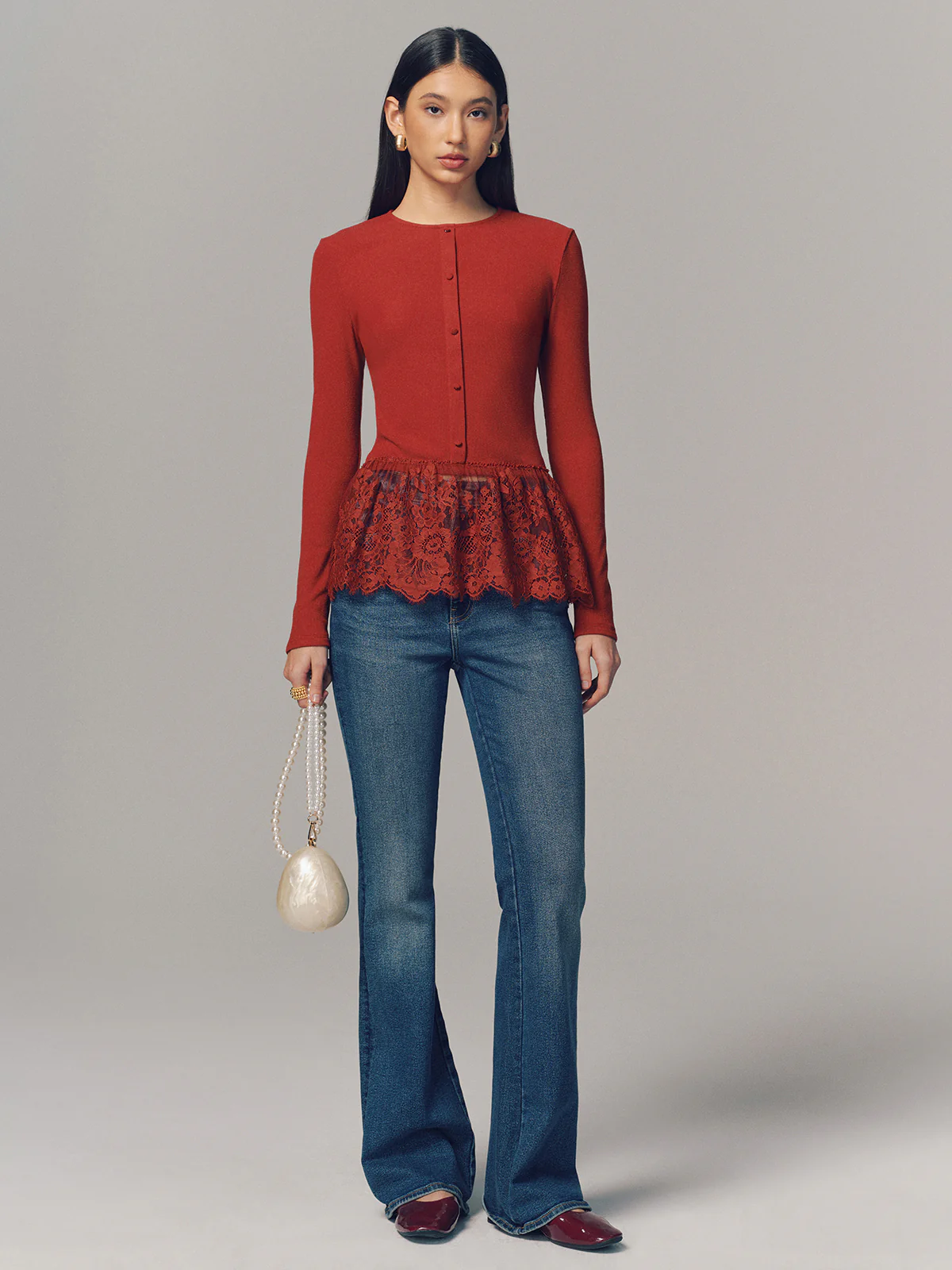 Lace Hem Ribbed Long Sleeve Top - Image 2