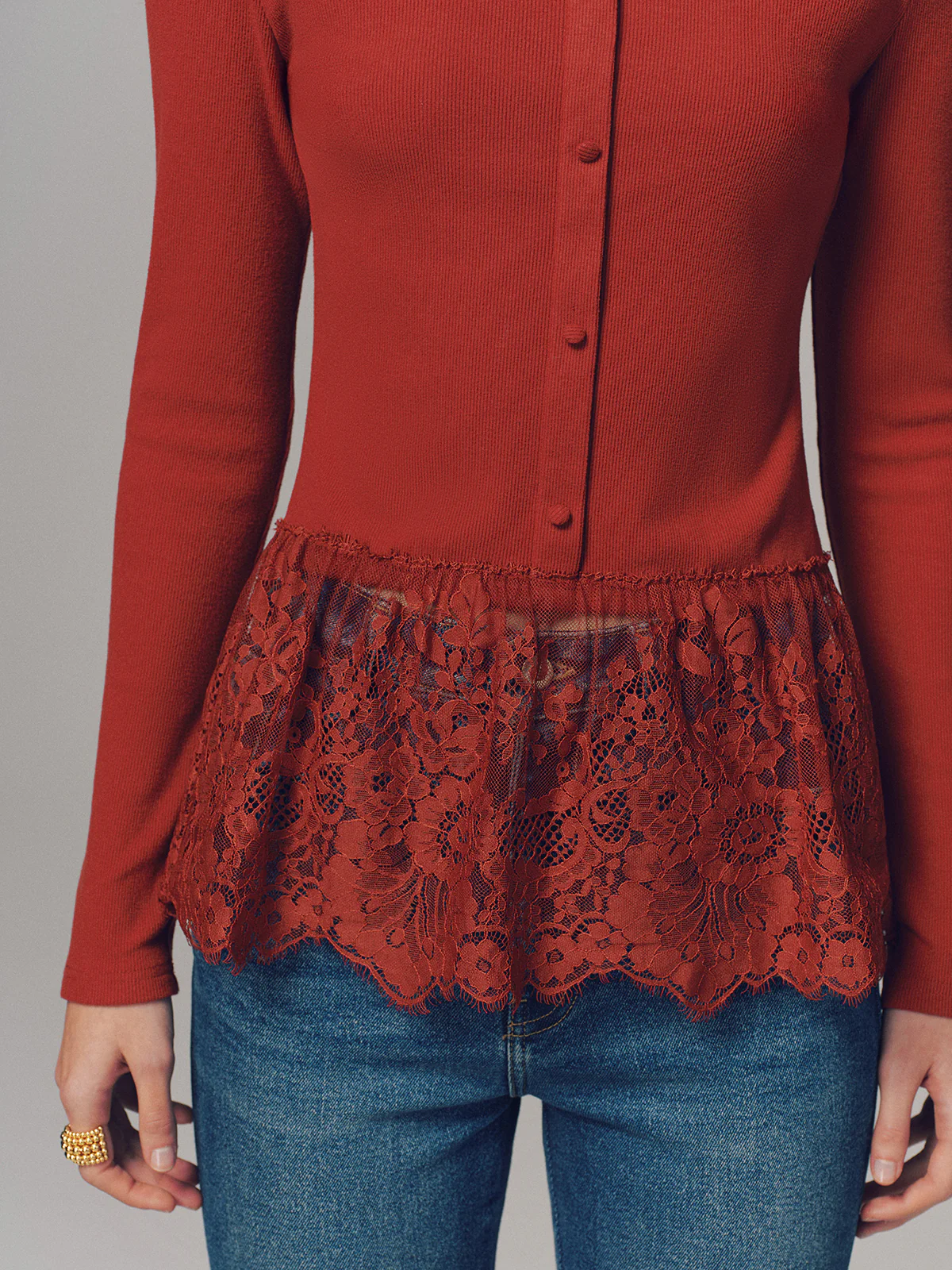 Lace Hem Ribbed Long Sleeve Top - Image 4