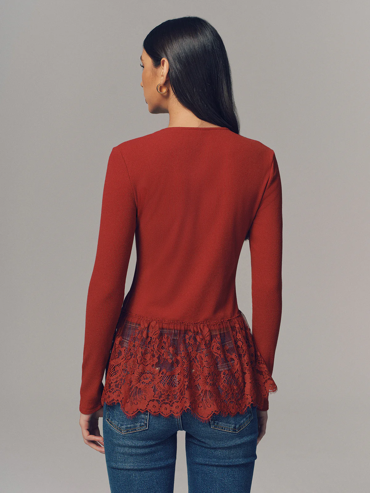 Lace Hem Ribbed Long Sleeve Top - Image 5