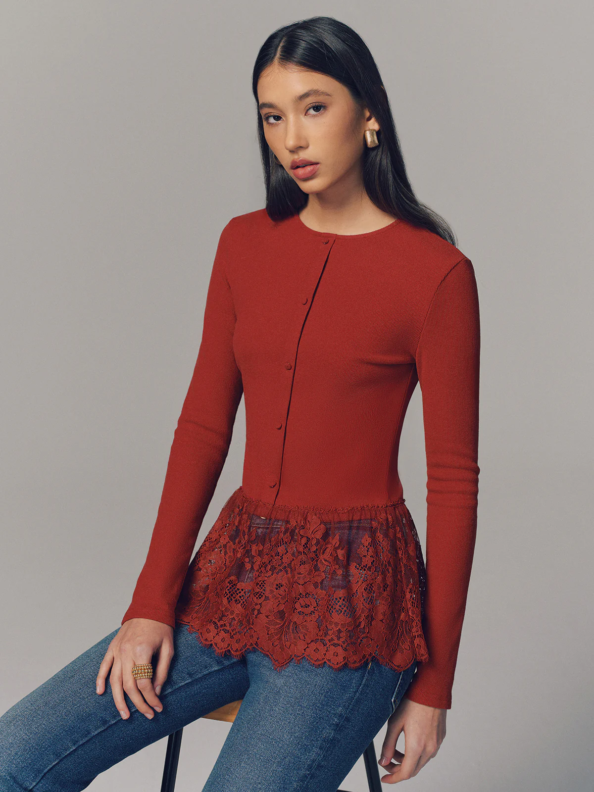 Lace Hem Ribbed Long Sleeve Top - Image 6