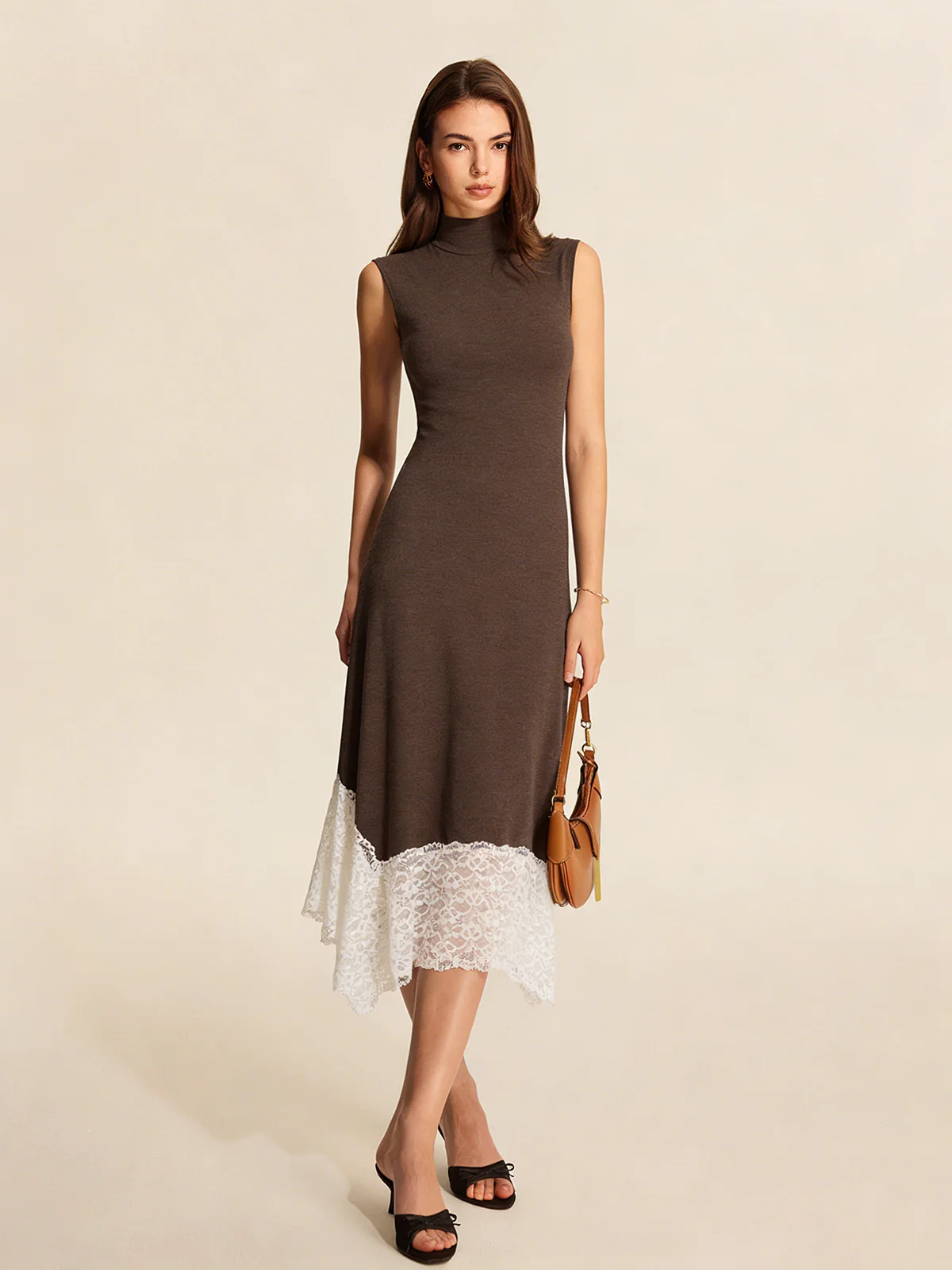 Lace Hem Sleeveless Turtleneck Maxi Dress
