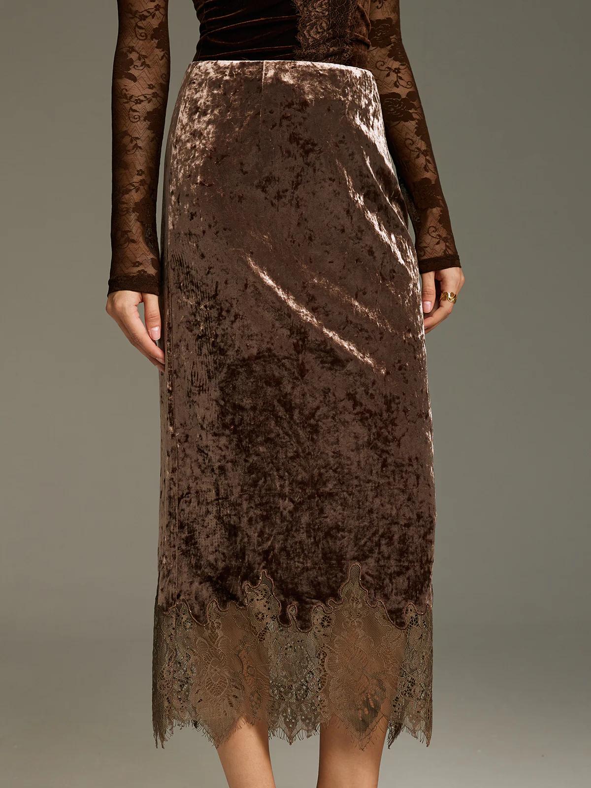 Lace Hem Velvet Midi Skirt