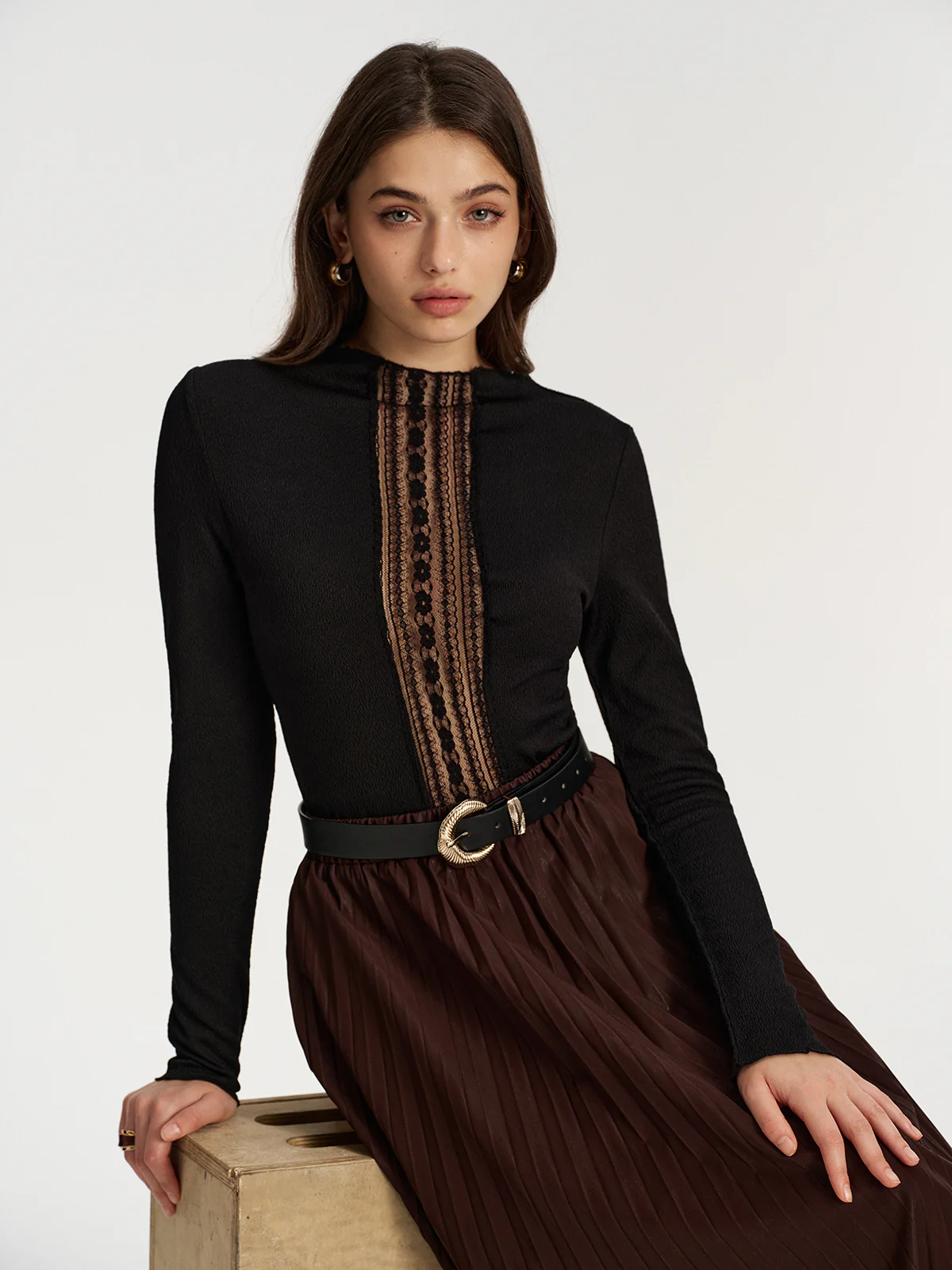 Lace Panel Textured Top