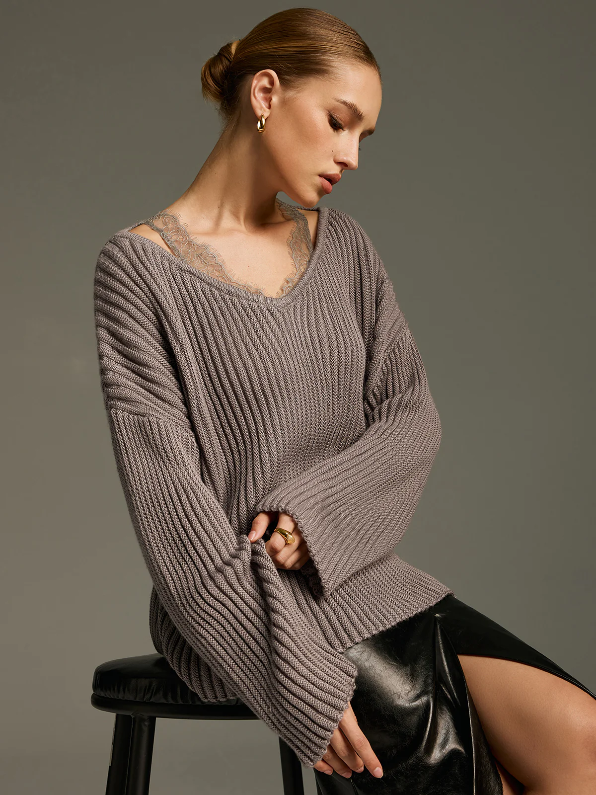 Lace Panel Wool-Blend Ribbed Knit Top - Image 4