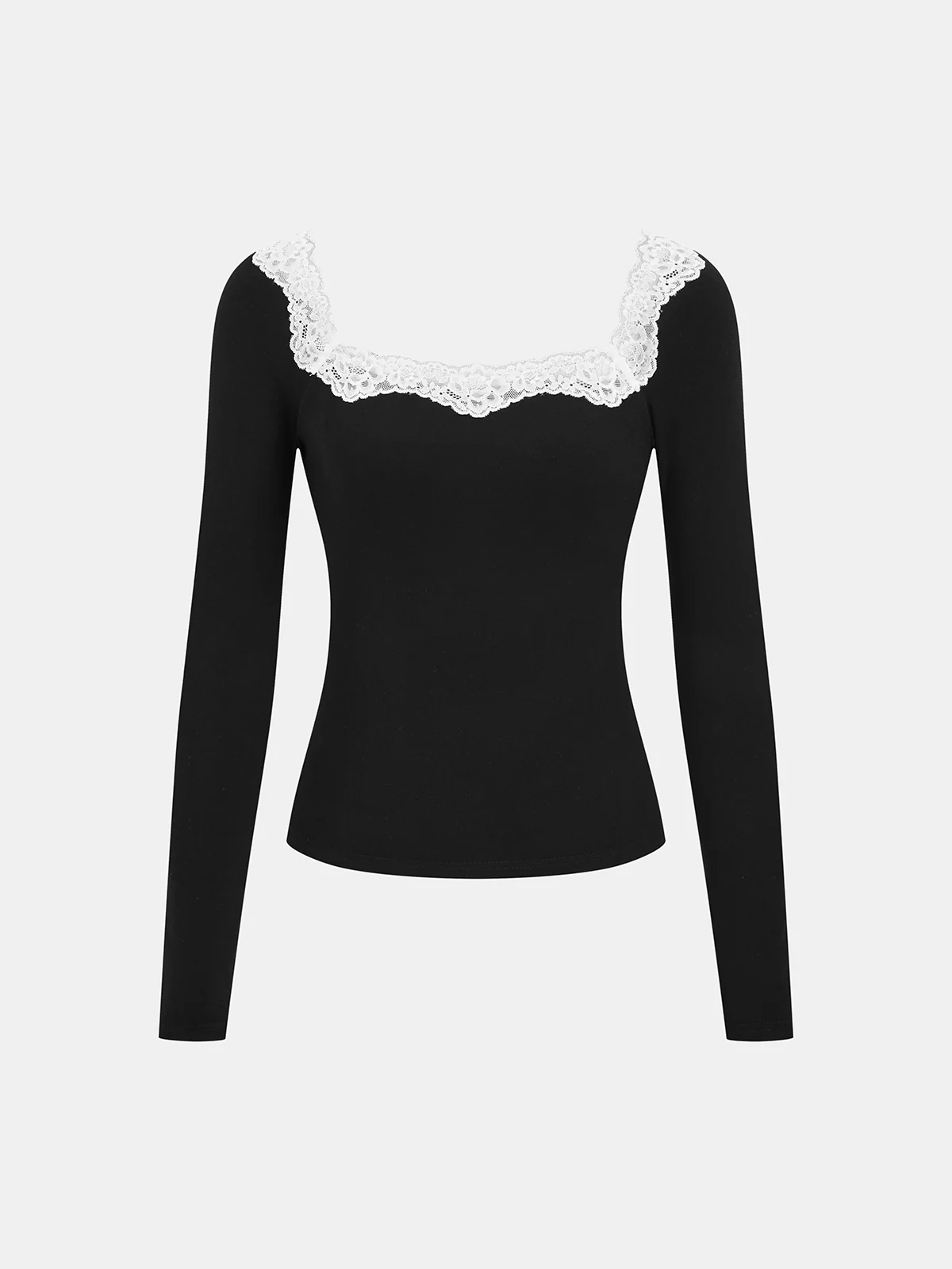 Lace Square Neck Ribbed Long-Sleeve Top - Image 2