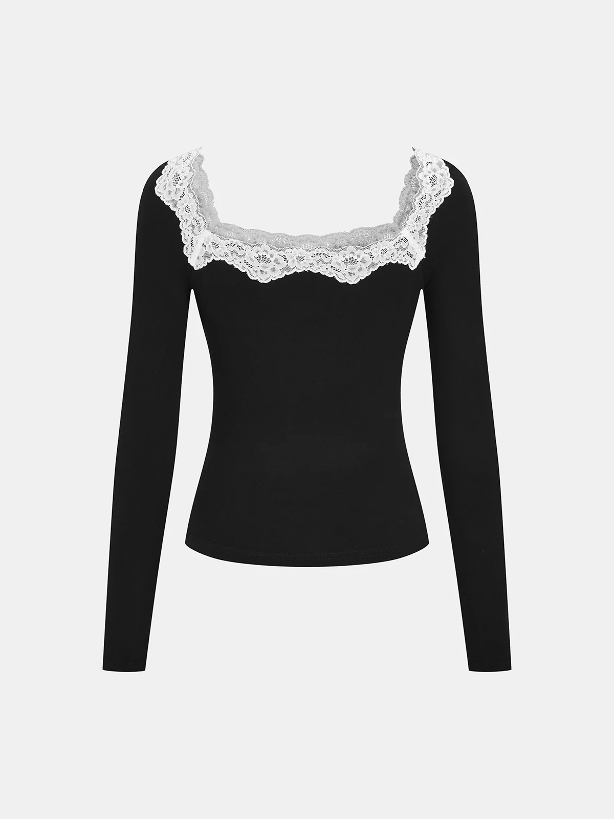 Lace Square Neck Ribbed Long-Sleeve Top - Image 3