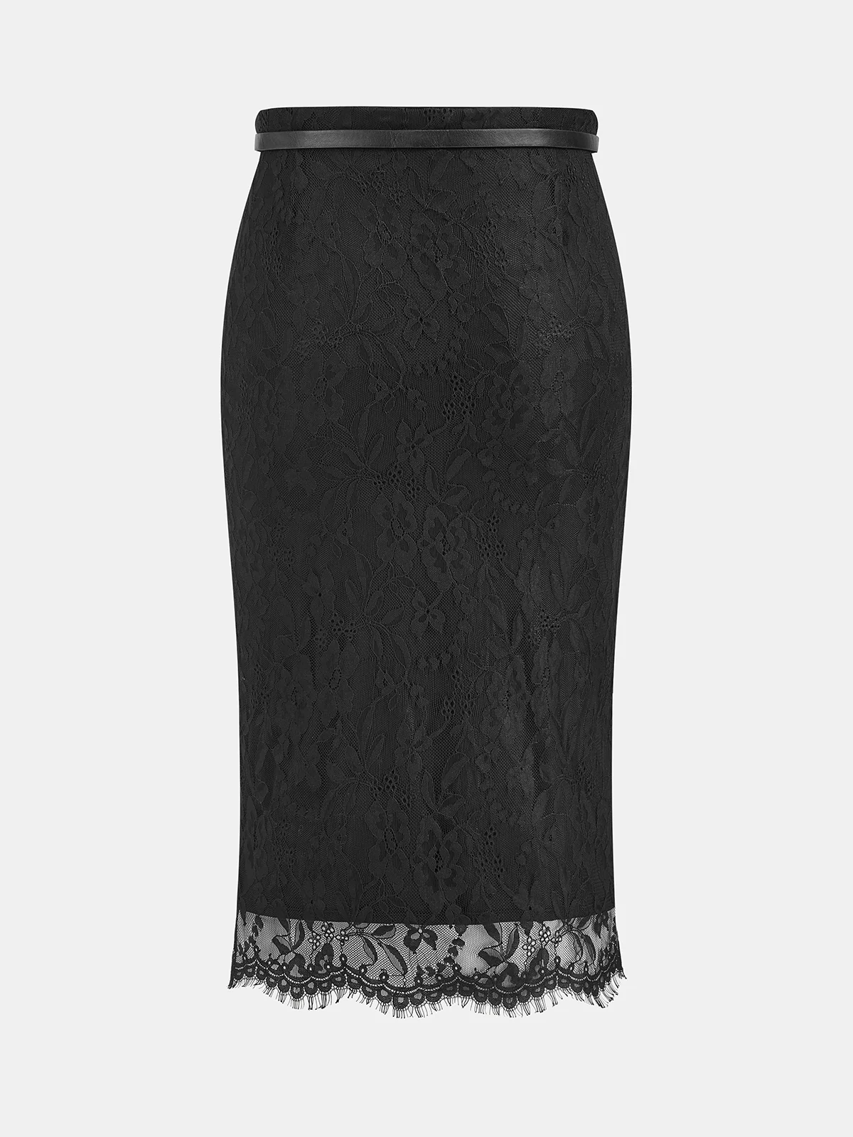 Lace Textured Belted Straight Midi Skirt - Image 2