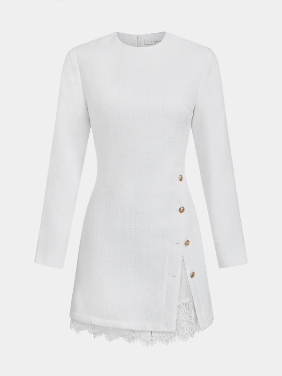 Lace Trim Asymmetric Button Tweed Mini Dress