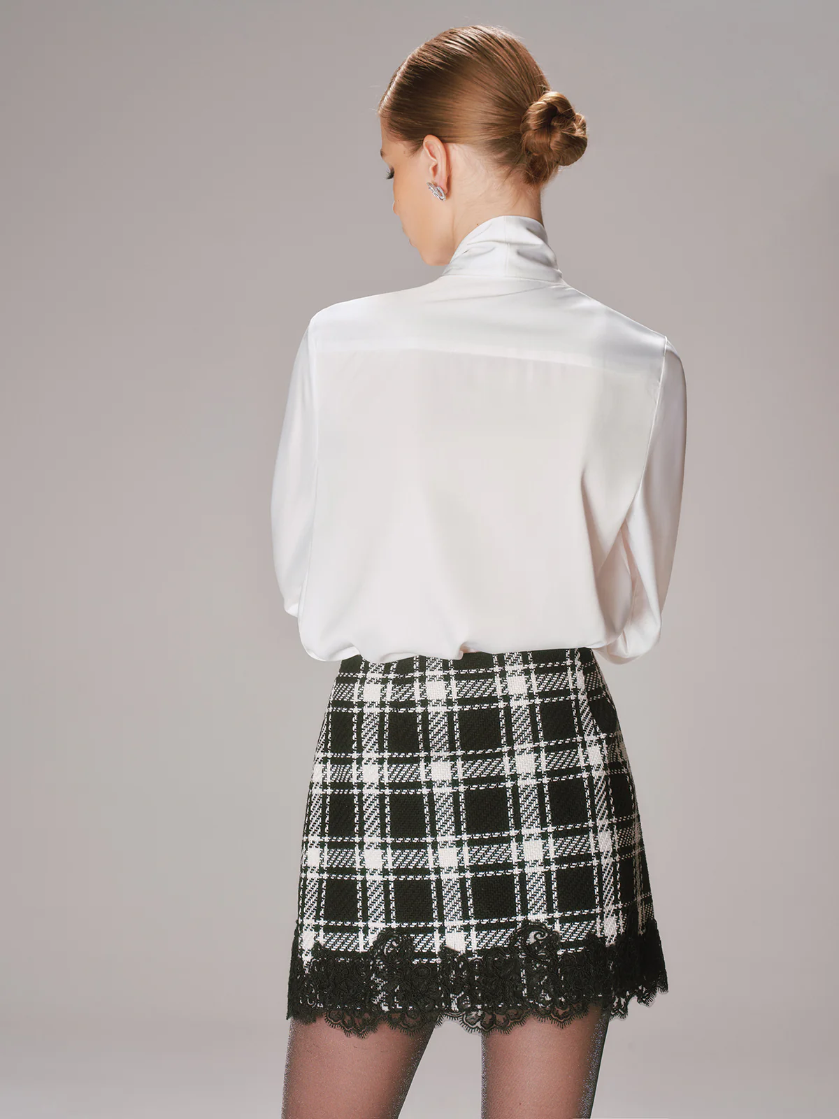 Lace Trim Plaid Tweed Mini Skirt - Image 6