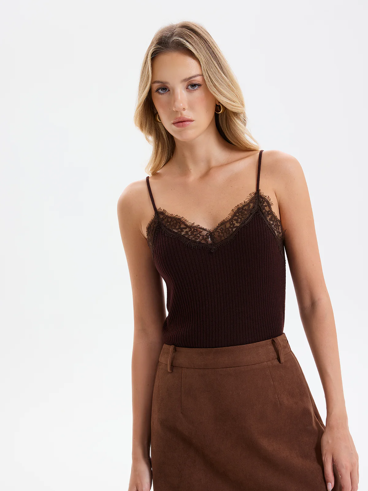 Lace Trim Ribbed Knit Cami Top - Image 2