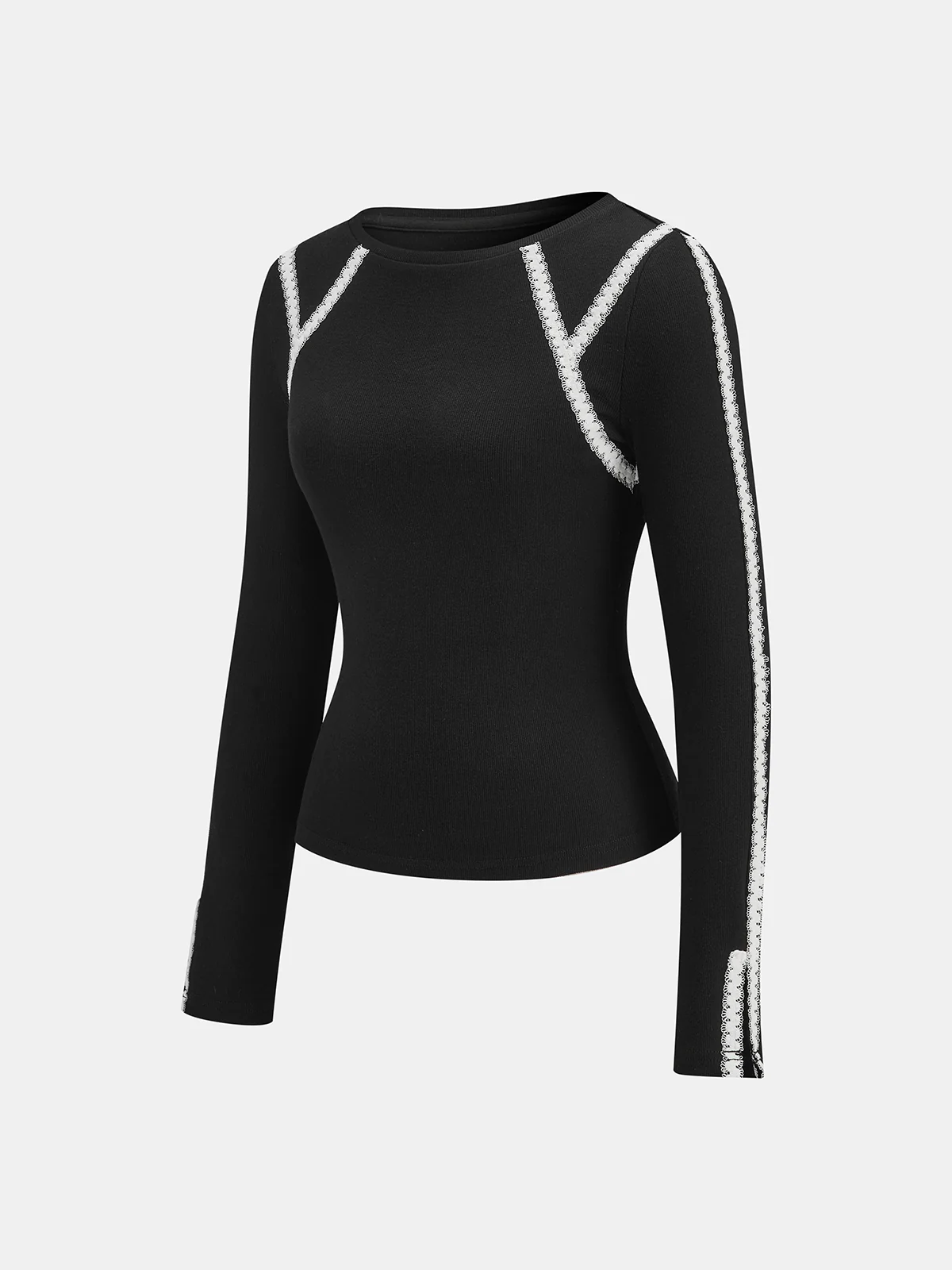 Lace Trim Ribbed Long Sleeve Top