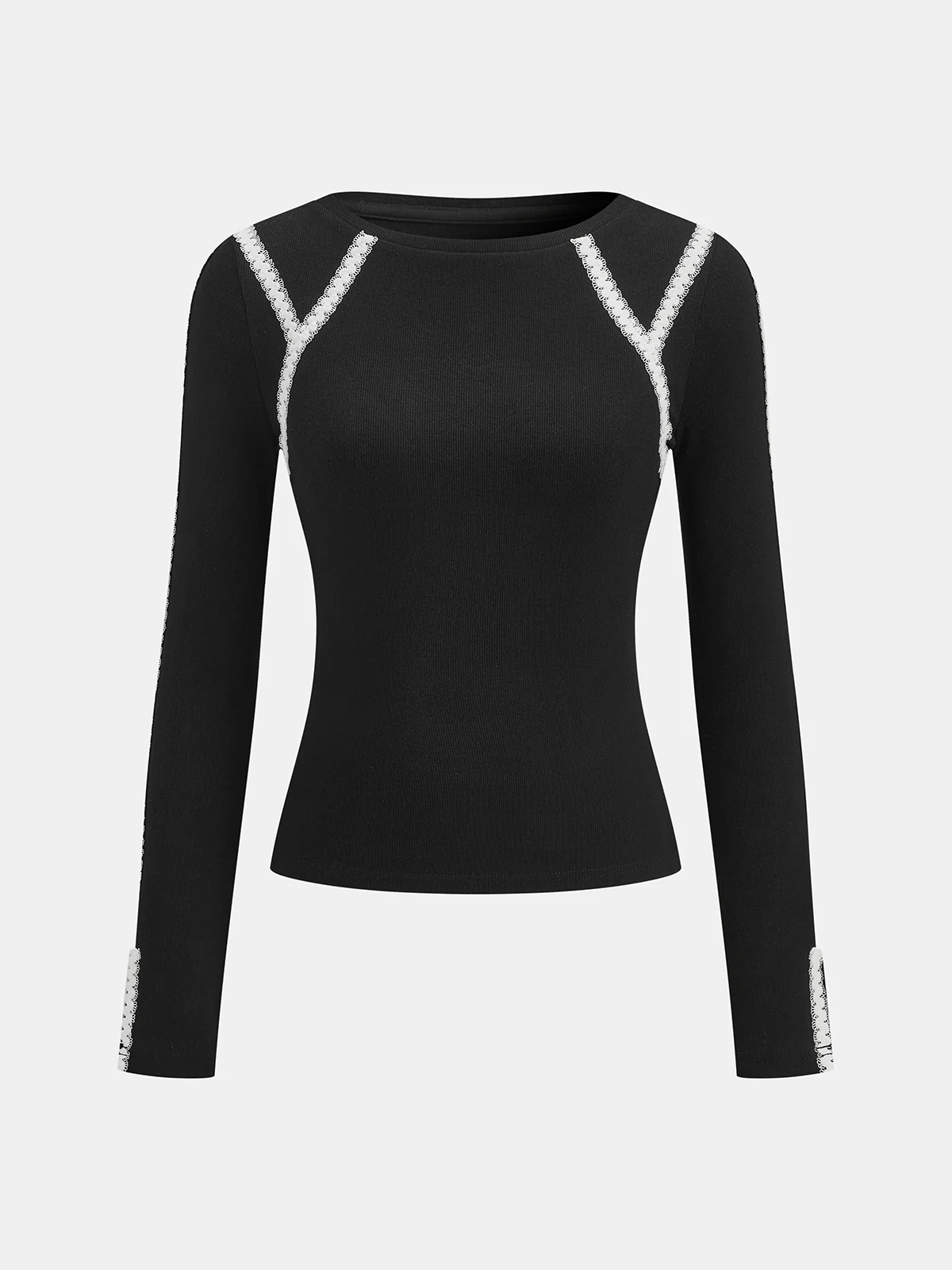 Lace Trim Ribbed Long Sleeve Top - Image 2