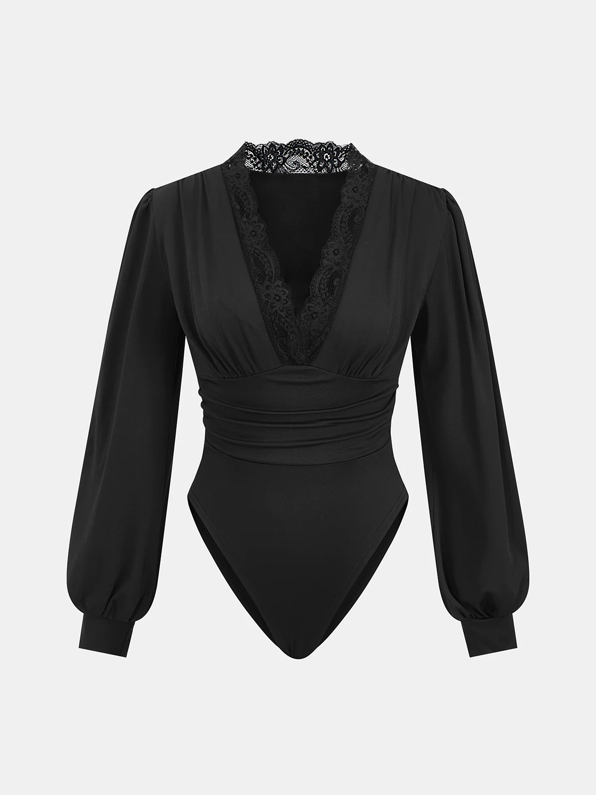 Lace Trim V-Neck Ruched Bodysuit