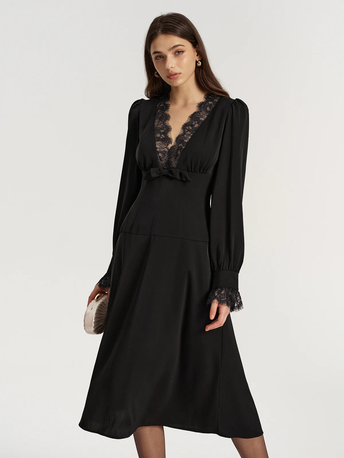 Lace V-Neck Bow Detail Satin Midi Dress - Image 2